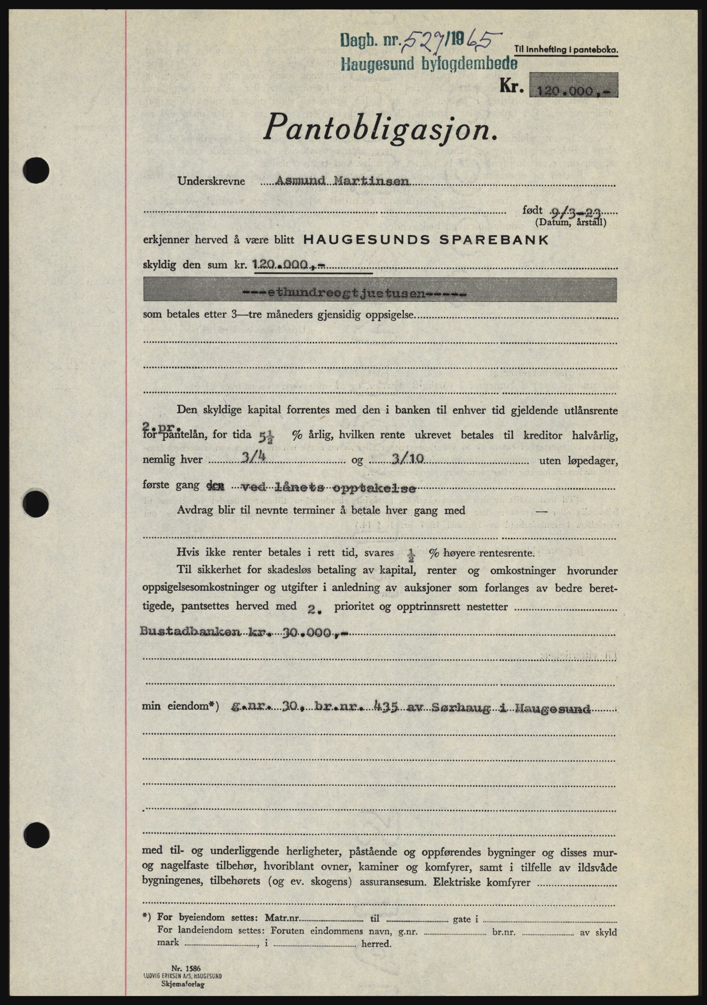Haugesund tingrett, SAST/A-101415/01/II/IIC/L0053: Mortgage book no. B 53, 1965-1965, Diary no: : 527/1965
