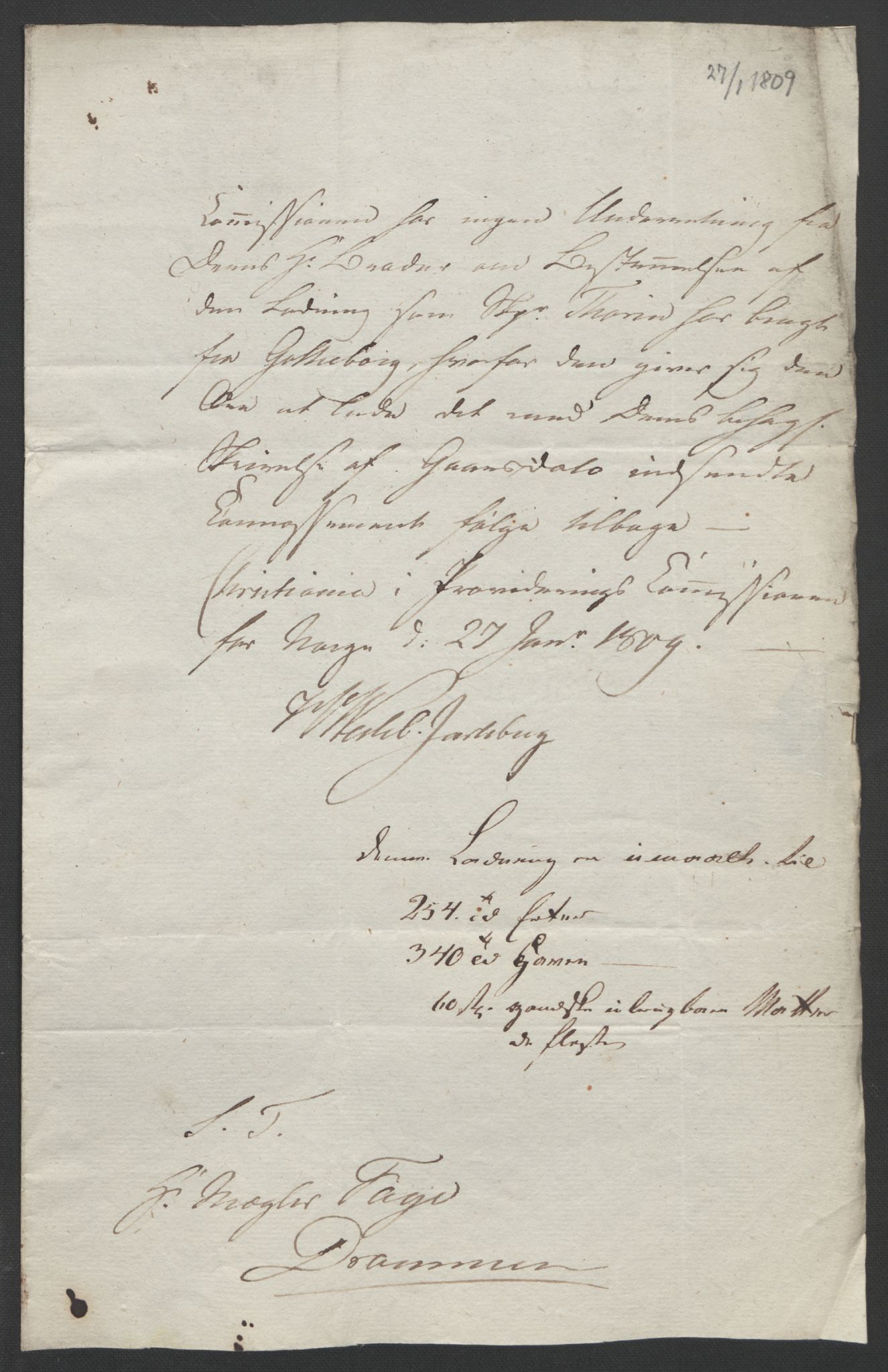 Faye, Andreas, AV/RA-PA-0015/F/Fh/L0026/0003: -- / Breve fra Grev J. H. C. Wedel-Jarlsberg til Chr. Faye angaaende kornprovideringen 1809-1810 og 1822. Brev fra provideringscommissionen til Jac. Aall og Chr. Faye 1808-1815. Jfr. IX 12 og 58-59, p. 73