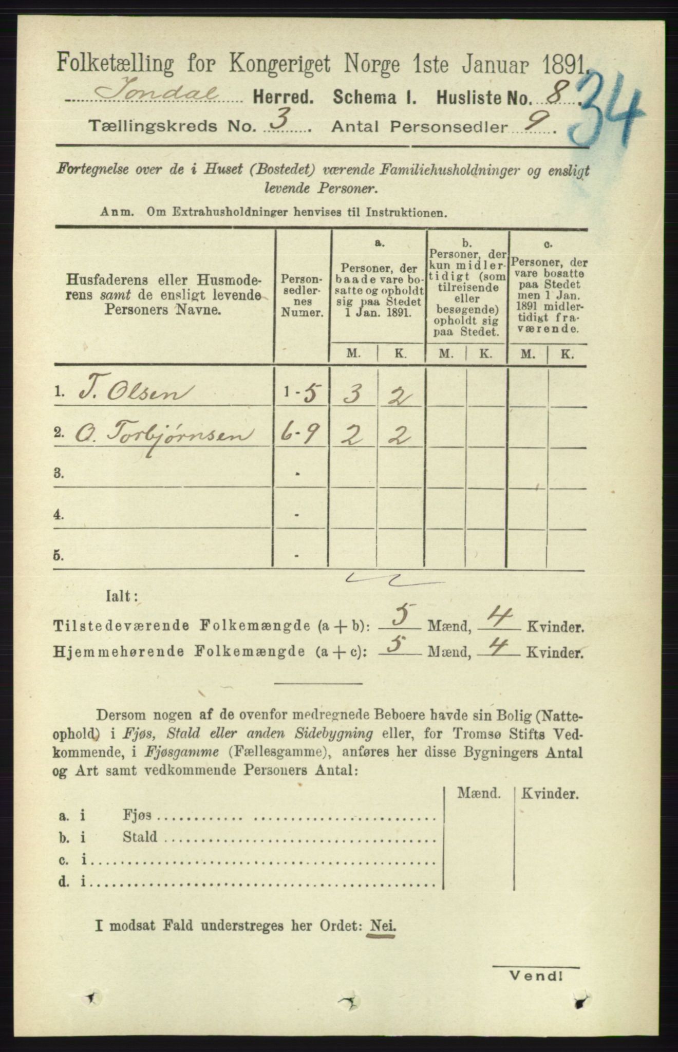 RA, 1891 census for 1227 Jondal, 1891, p. 1187