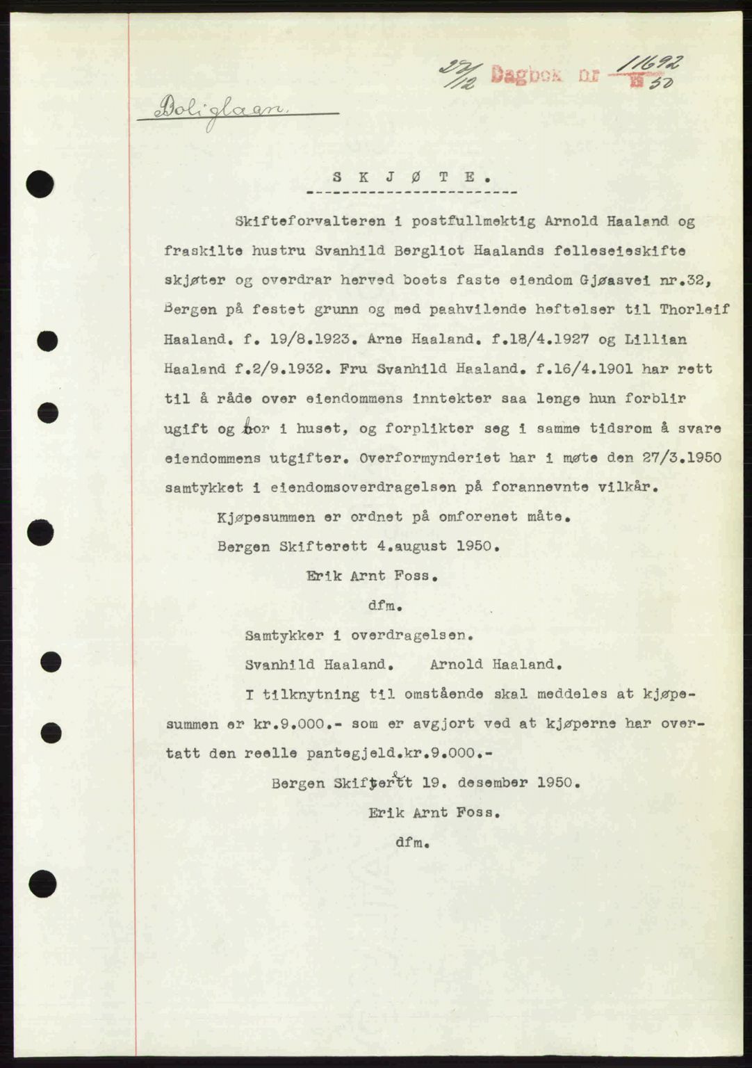 Byfogd og Byskriver i Bergen, AV/SAB-A-3401/03/03Bc/L0034: Mortgage book no. A27-28, 1950-1950, Diary no: : 11692/1950