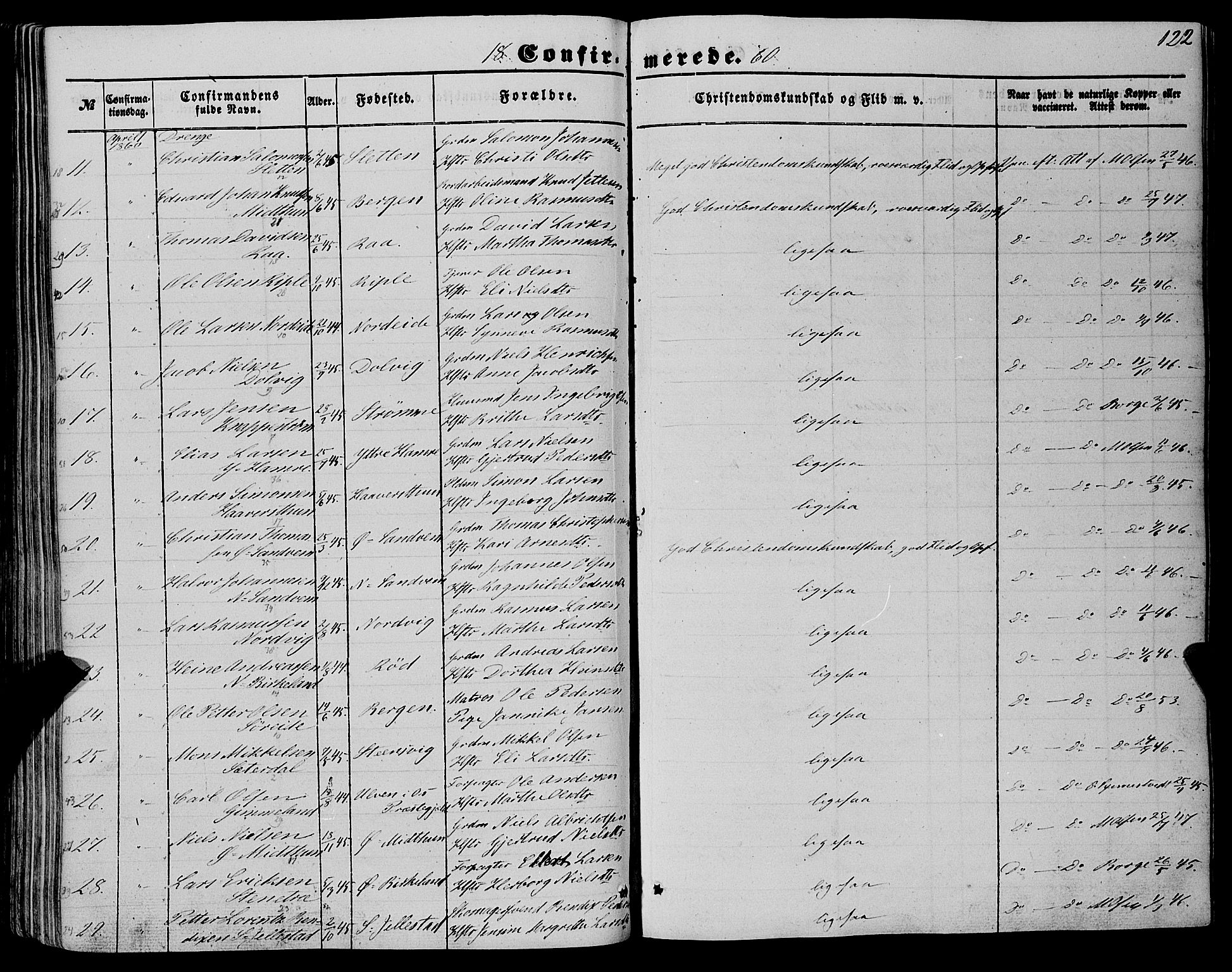 Fana Sokneprestembete, SAB/A-75101/H/Haa/Haaa/L0011: Parish register (official) no. A 11, 1851-1862, p. 122