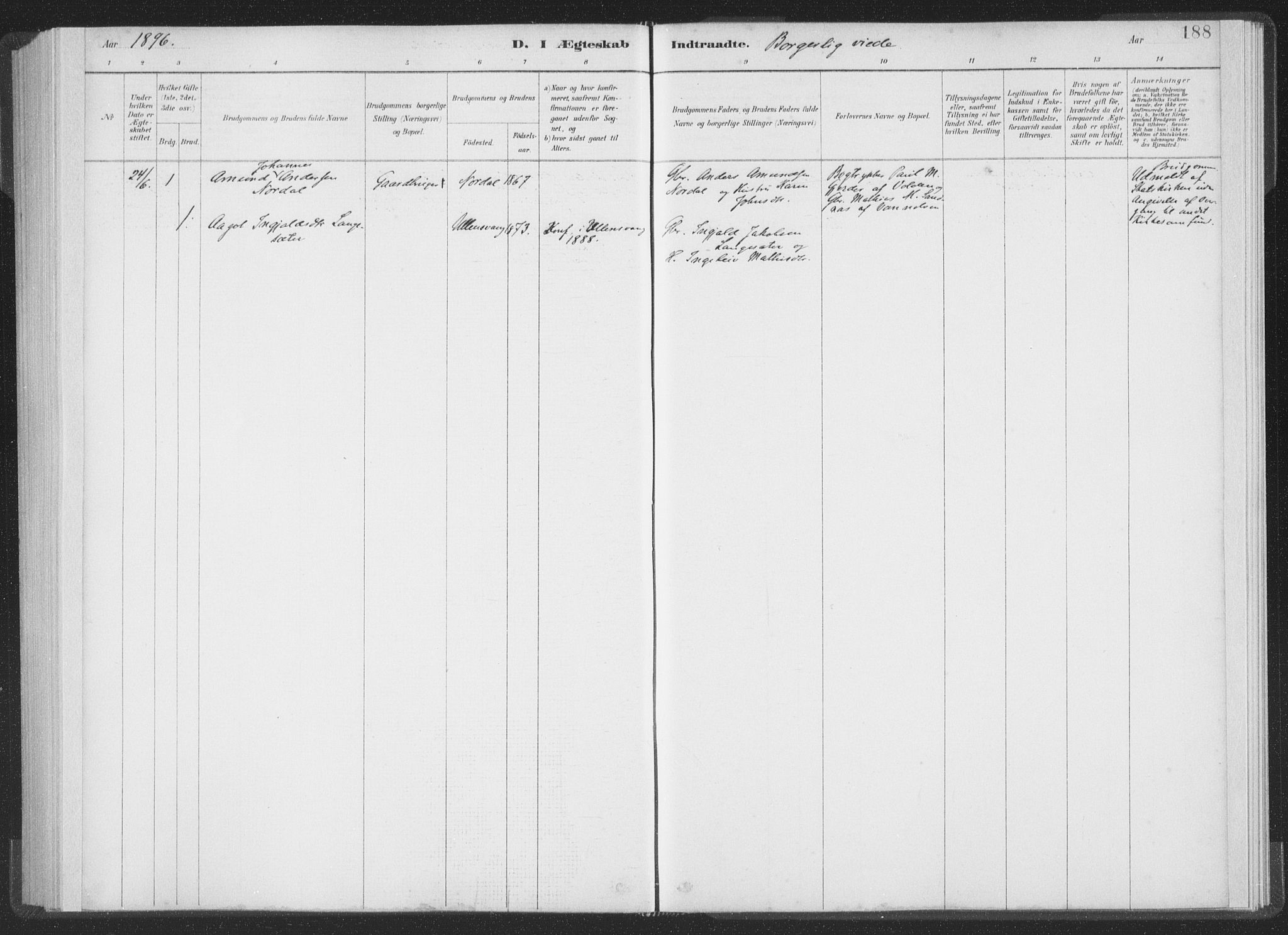 Ministerialprotokoller, klokkerbøker og fødselsregistre - Møre og Romsdal, SAT/A-1454/502/L0025: Parish register (official) no. 502A03, 1885-1909, p. 188