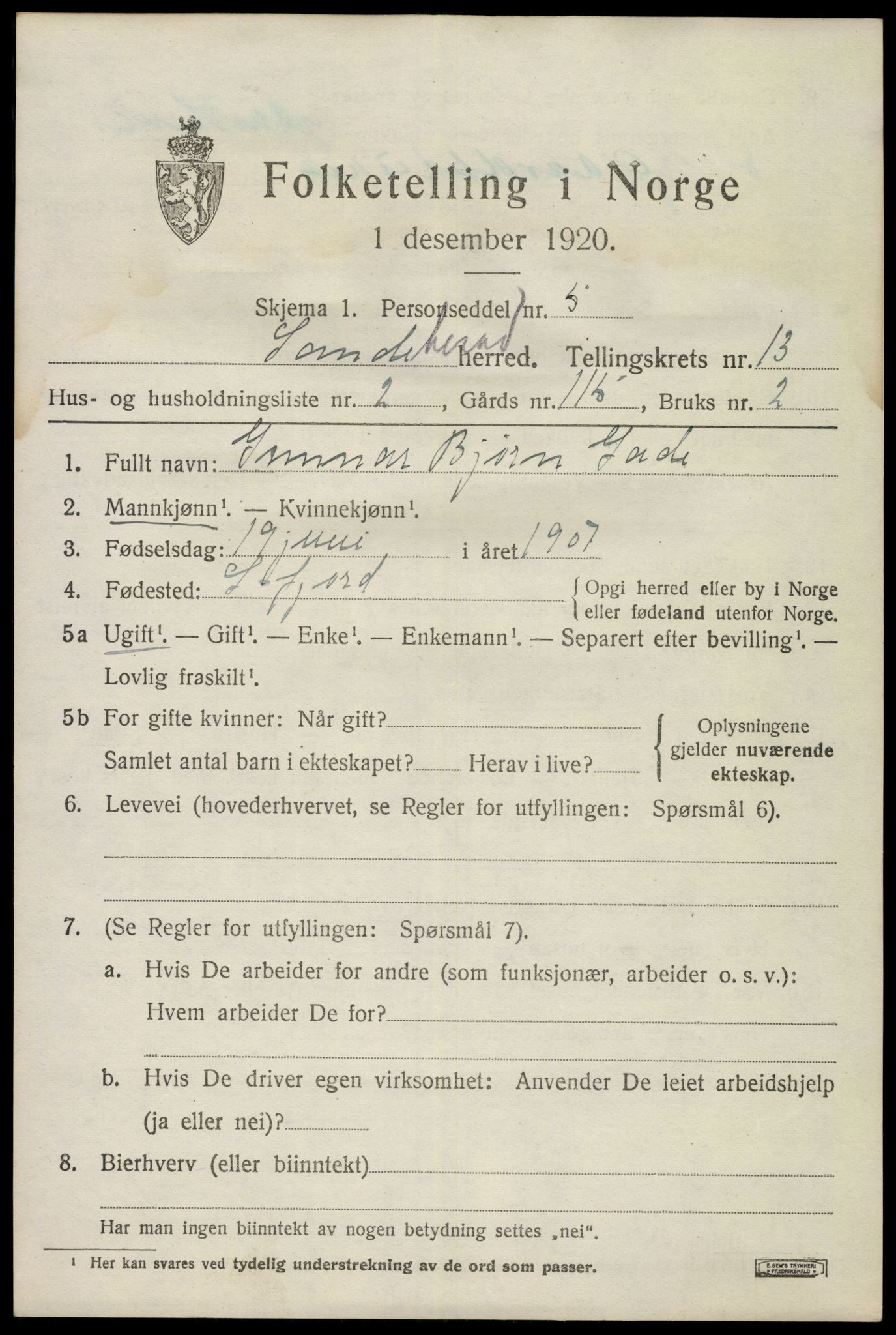 SAKO, 1920 census for Sandeherred, 1920, p. 19120
