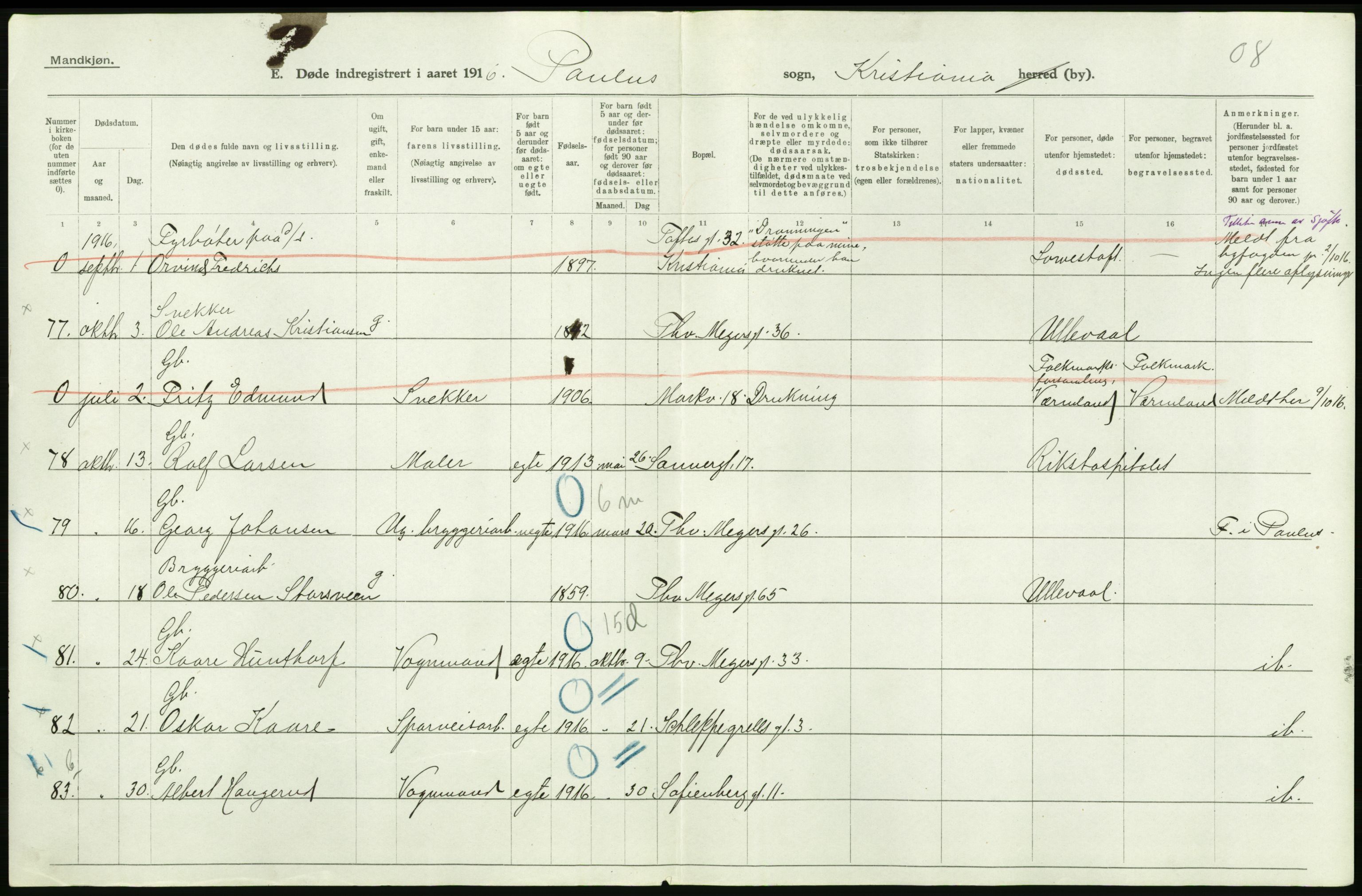 Statistisk sentralbyrå, Sosiodemografiske emner, Befolkning, AV/RA-S-2228/D/Df/Dfb/Dfbf/L0009: Kristiania: Døde., 1916, p. 68