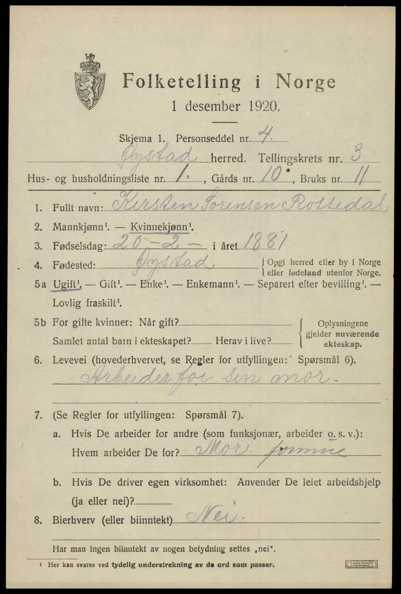 SAK, 1920 census for Øyestad, 1920, p. 2694