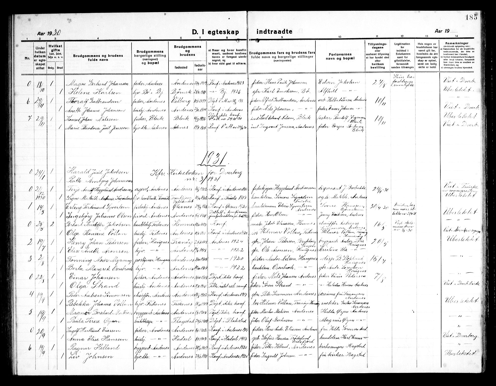 Ministerialprotokoller, klokkerbøker og fødselsregistre - Nordland, SAT/A-1459/899/L1450: Parish register (copy) no. 899C05, 1918-1945, p. 185