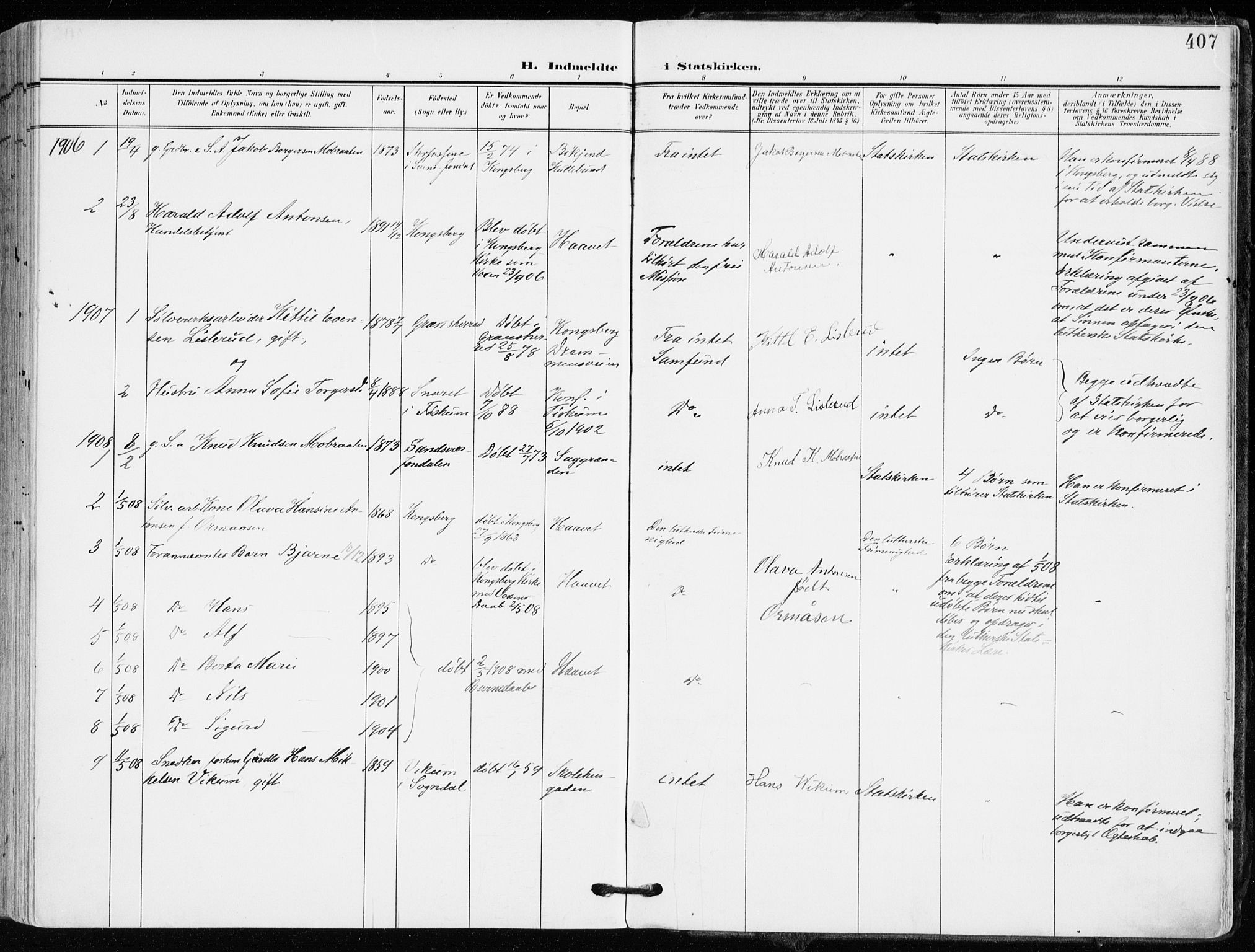 Kongsberg kirkebøker, AV/SAKO-A-22/F/Fb/L0004: Parish register (official) no. II 4, 1906-1918, p. 407