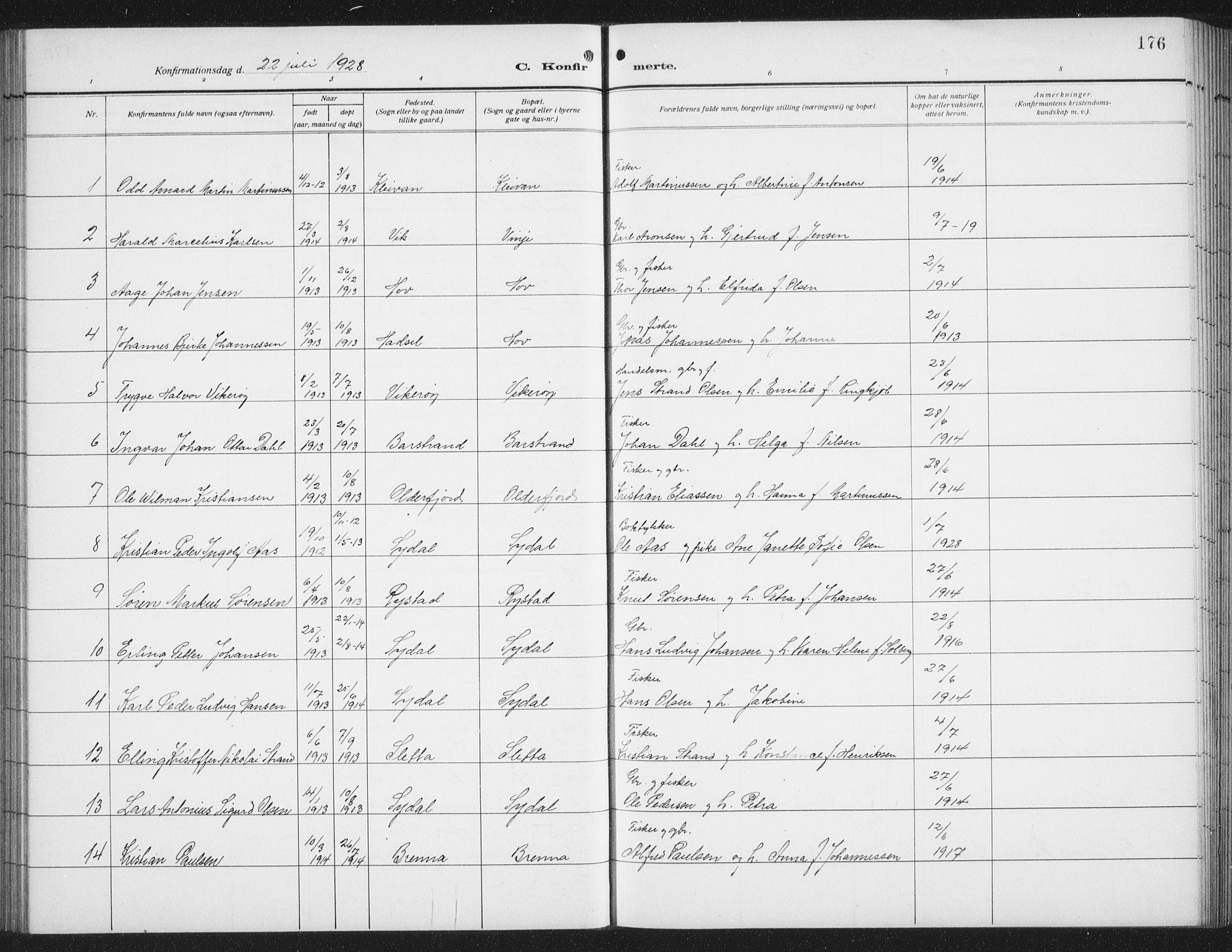 Ministerialprotokoller, klokkerbøker og fødselsregistre - Nordland, SAT/A-1459/876/L1106: Parish register (copy) no. 876C05, 1915-1942, p. 176