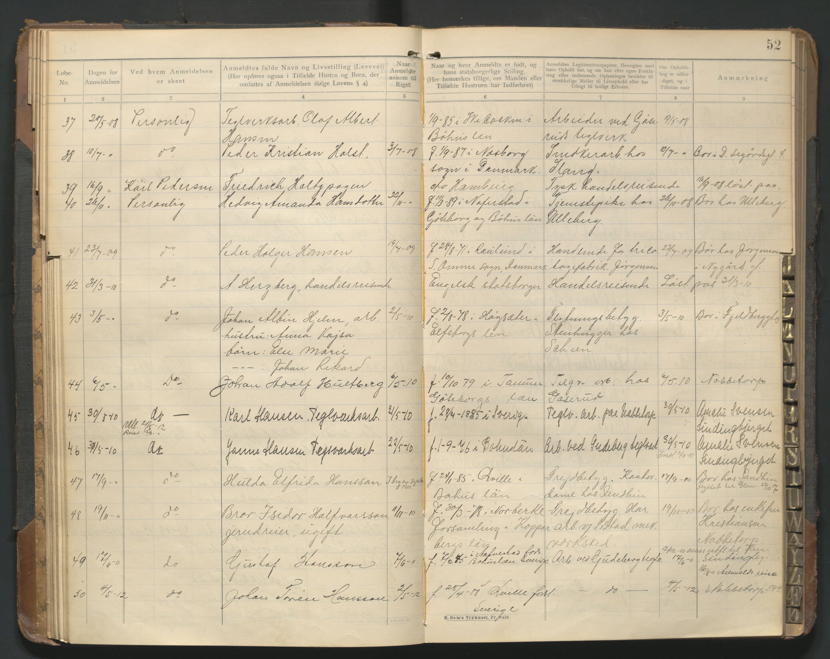 Fredrikstad politikammer, AV/SAO-A-10055/H/Hb/Hba/L0001: Protokoll over fremmede statsborgere, 1901-1916, p. 51b-52a