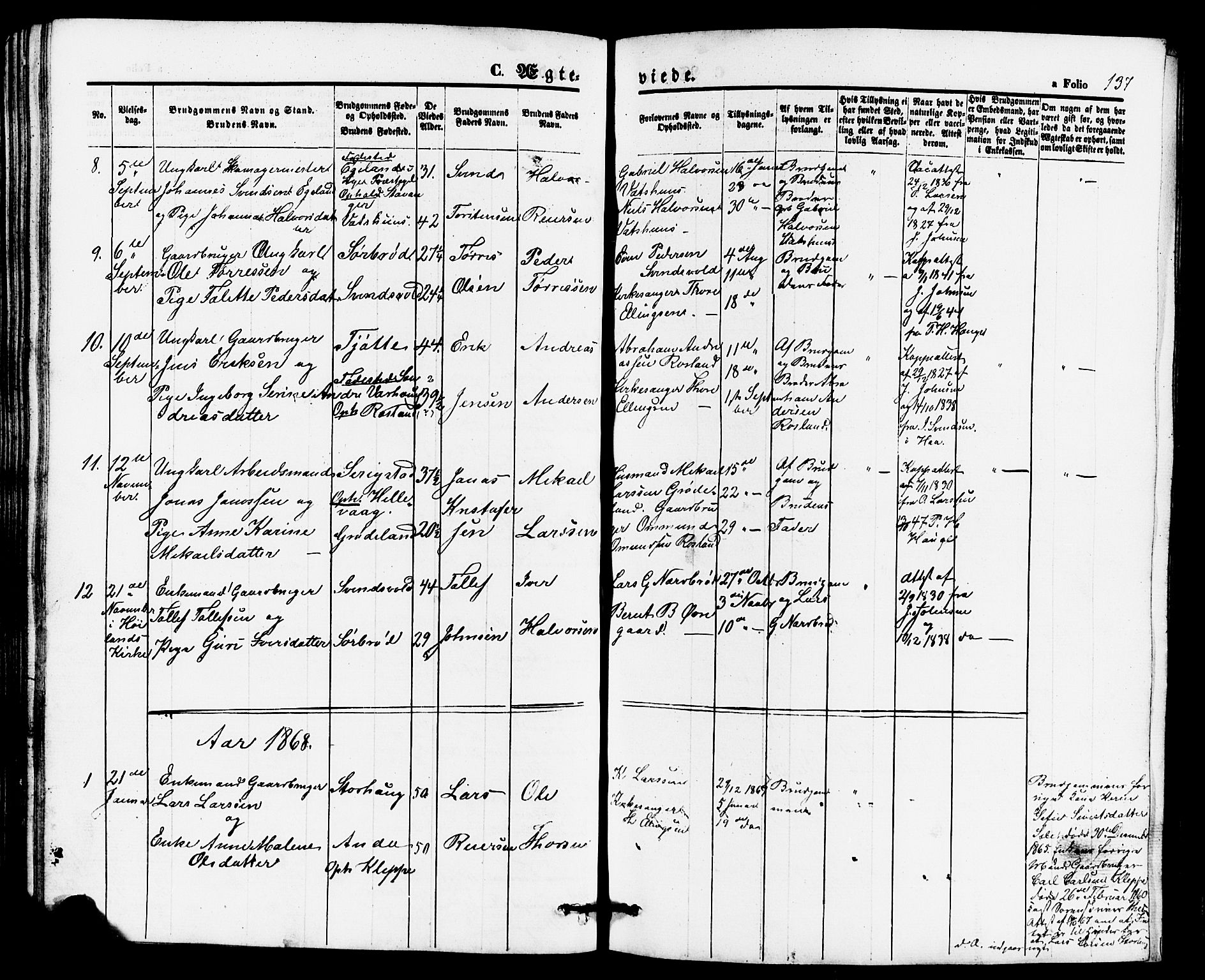 Klepp sokneprestkontor, AV/SAST-A-101803/001/3/30BB/L0002: Parish register (copy) no. B 2, 1860-1875, p. 137