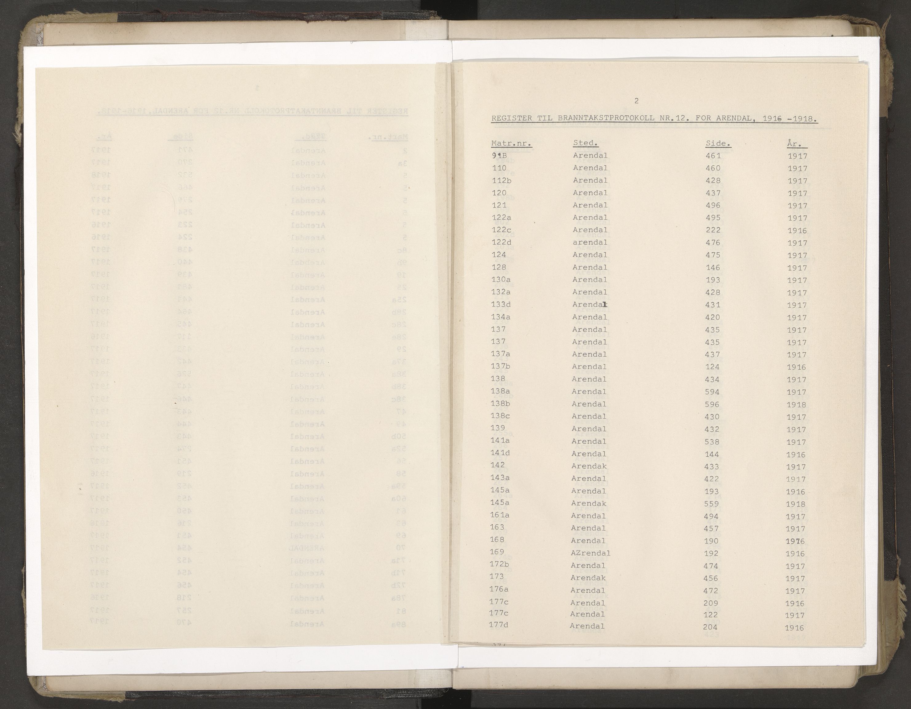 Norges Brannkasse Arendal, AV/SAK-2241-0002/F/Fa/L0029: Branntakstprotokoll nr. 27 med matrikkelnummerregister, 1916-1918