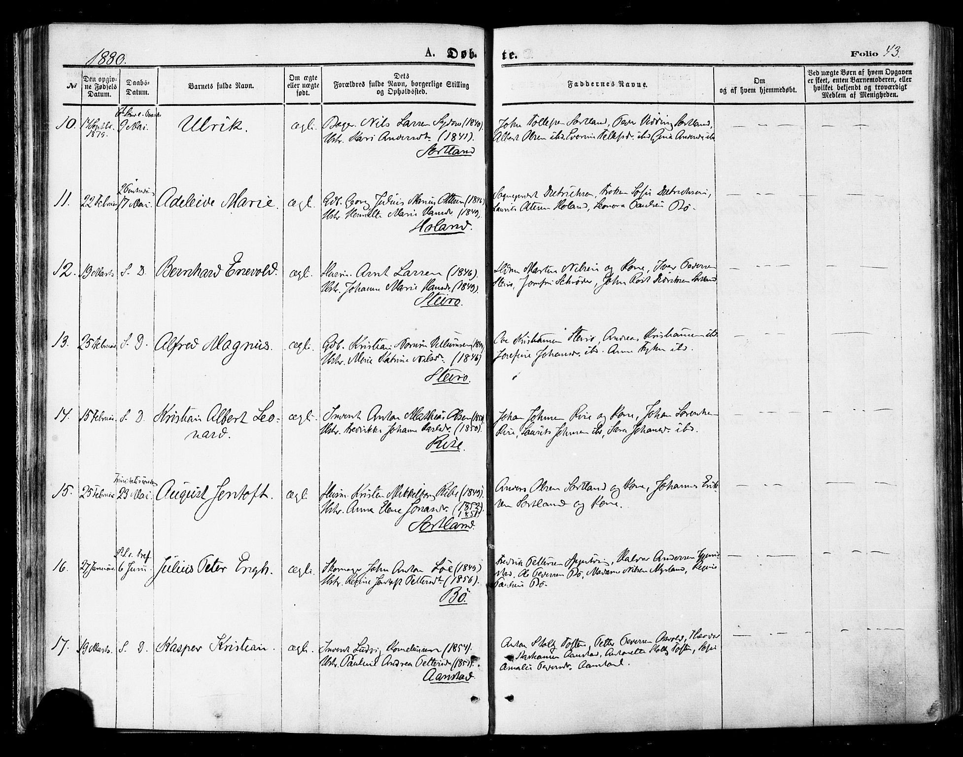 Ministerialprotokoller, klokkerbøker og fødselsregistre - Nordland, AV/SAT-A-1459/895/L1370: Parish register (official) no. 895A05, 1873-1884, p. 43