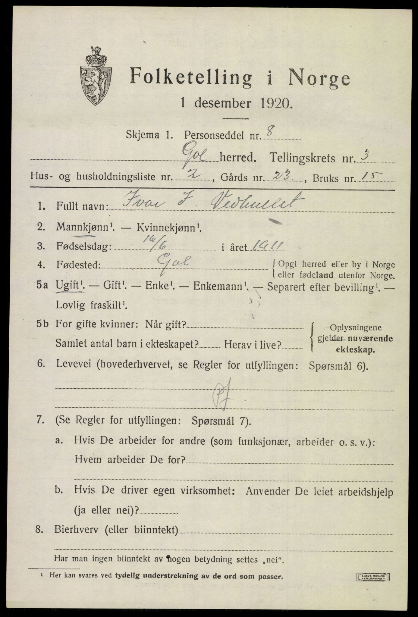 SAKO, 1920 census for Gol, 1920, p. 2204
