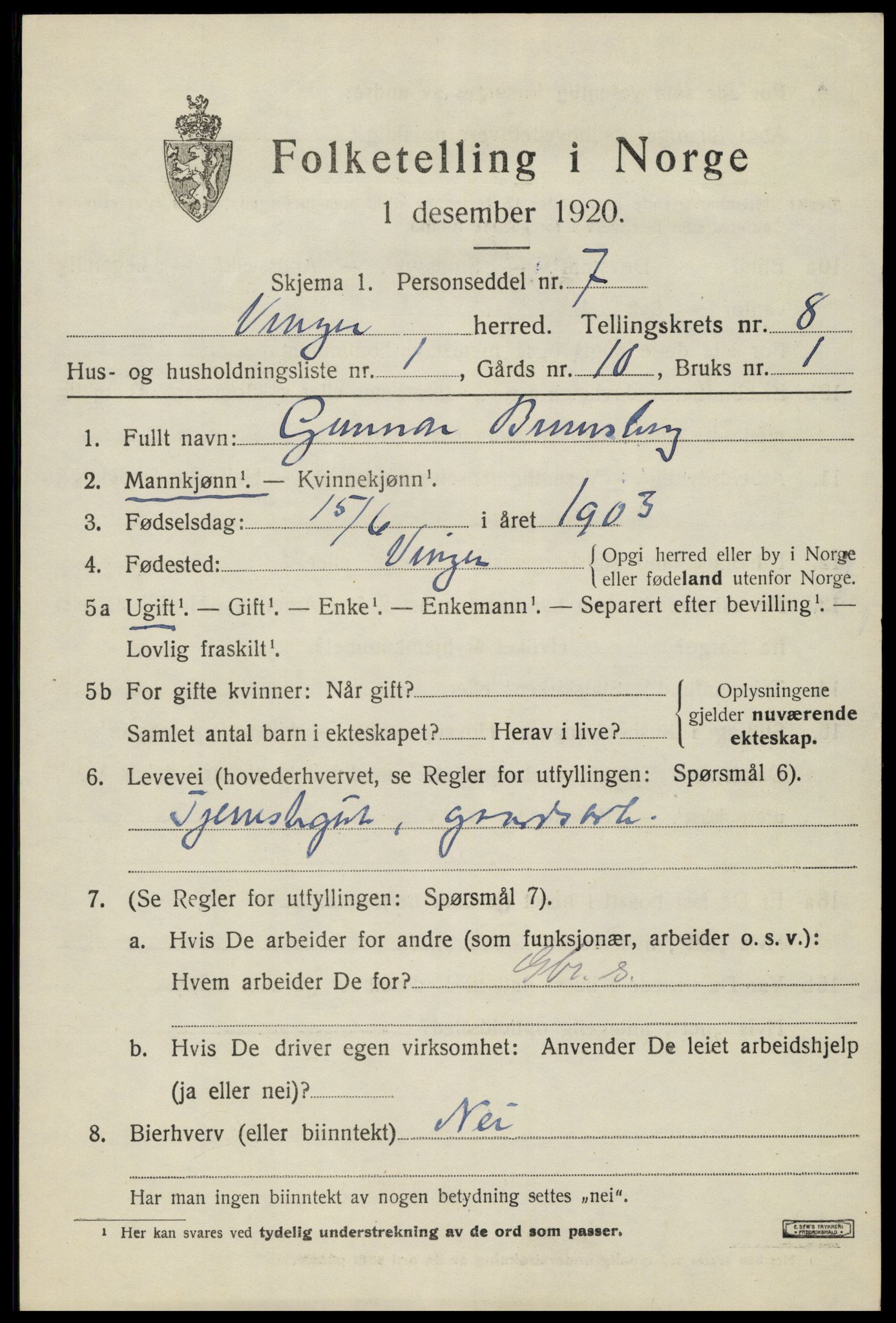 SAH, 1920 census for Vinger, 1920, p. 6974