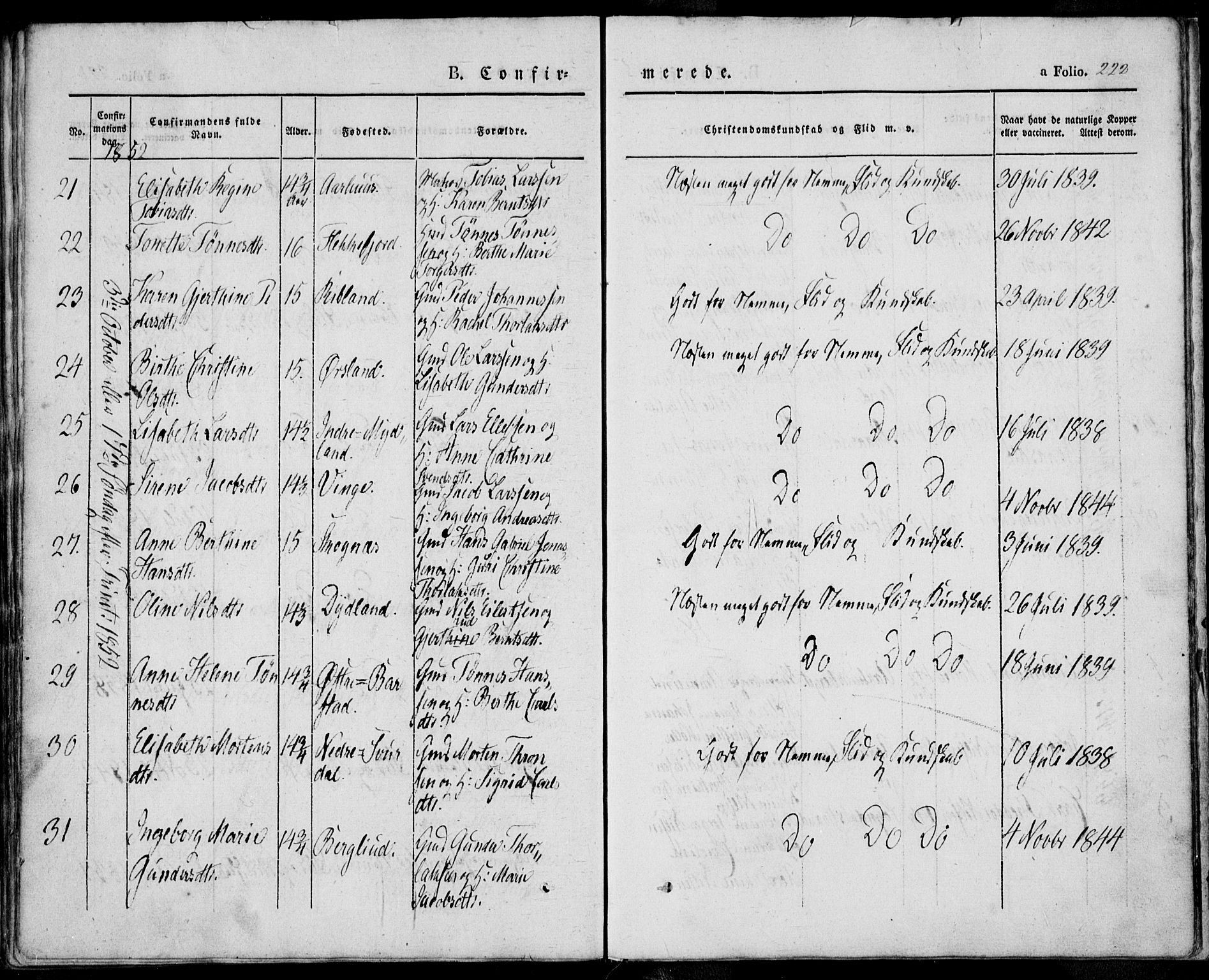 Sokndal sokneprestkontor, SAST/A-101808: Parish register (official) no. A 8.1, 1842-1857, p. 222