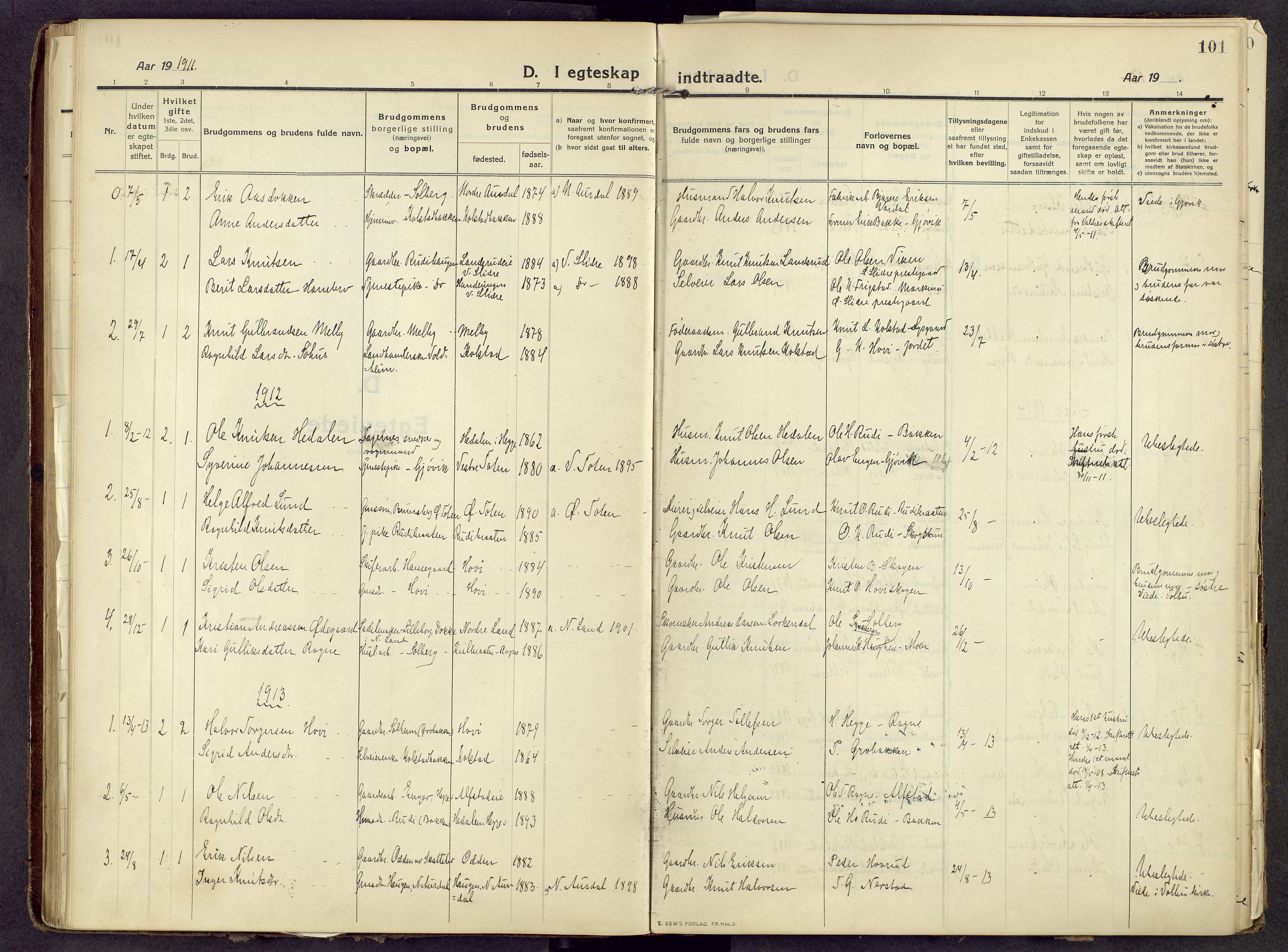 Øystre Slidre prestekontor, AV/SAH-PREST-138/H/Ha/Haa/L0006: Parish register (official) no. 6, 1911-1931, p. 101