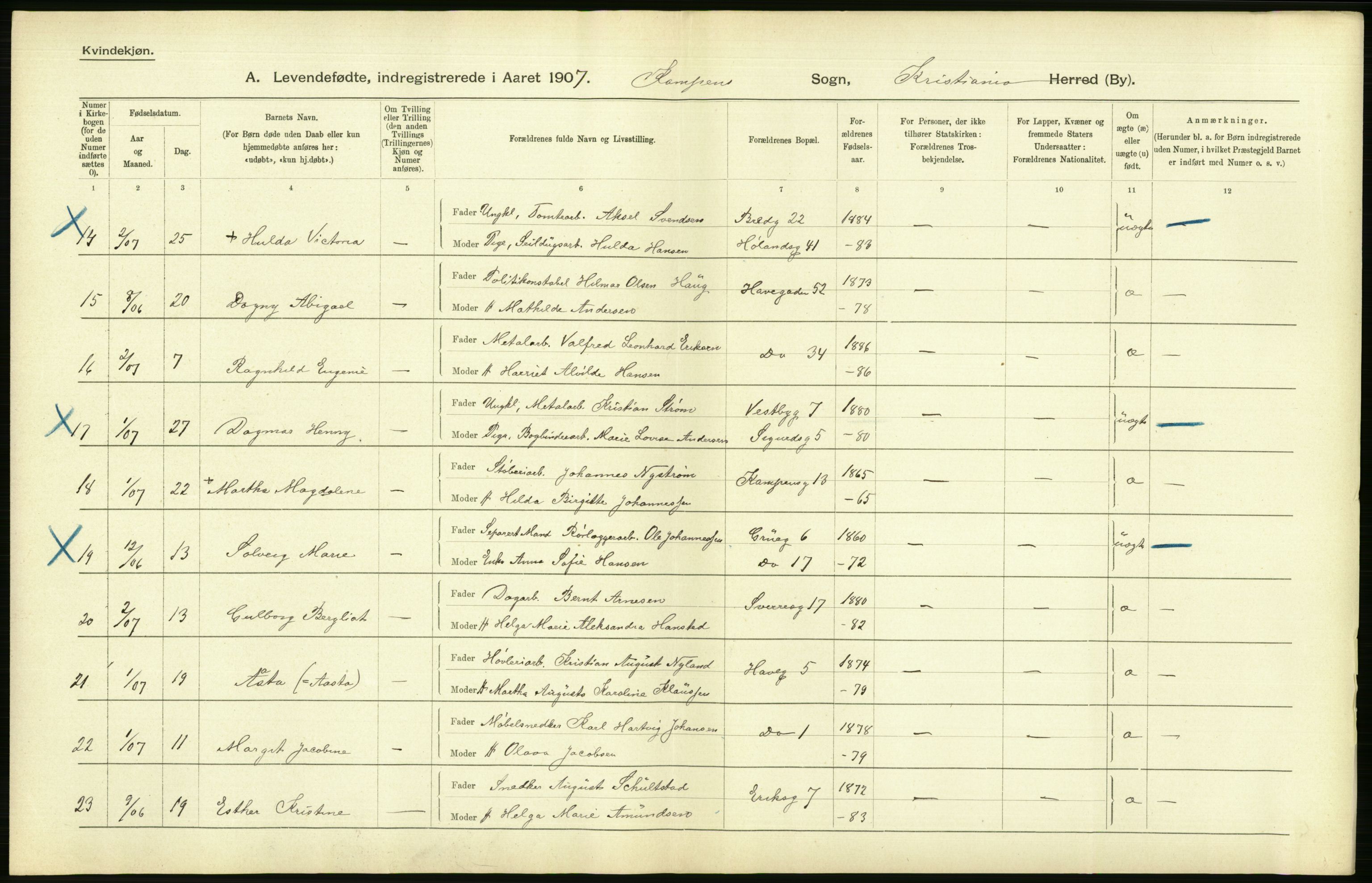 Statistisk sentralbyrå, Sosiodemografiske emner, Befolkning, AV/RA-S-2228/D/Df/Dfa/Dfae/L0007: Kristiania: Levendefødte menn og kvinner., 1907, p. 534