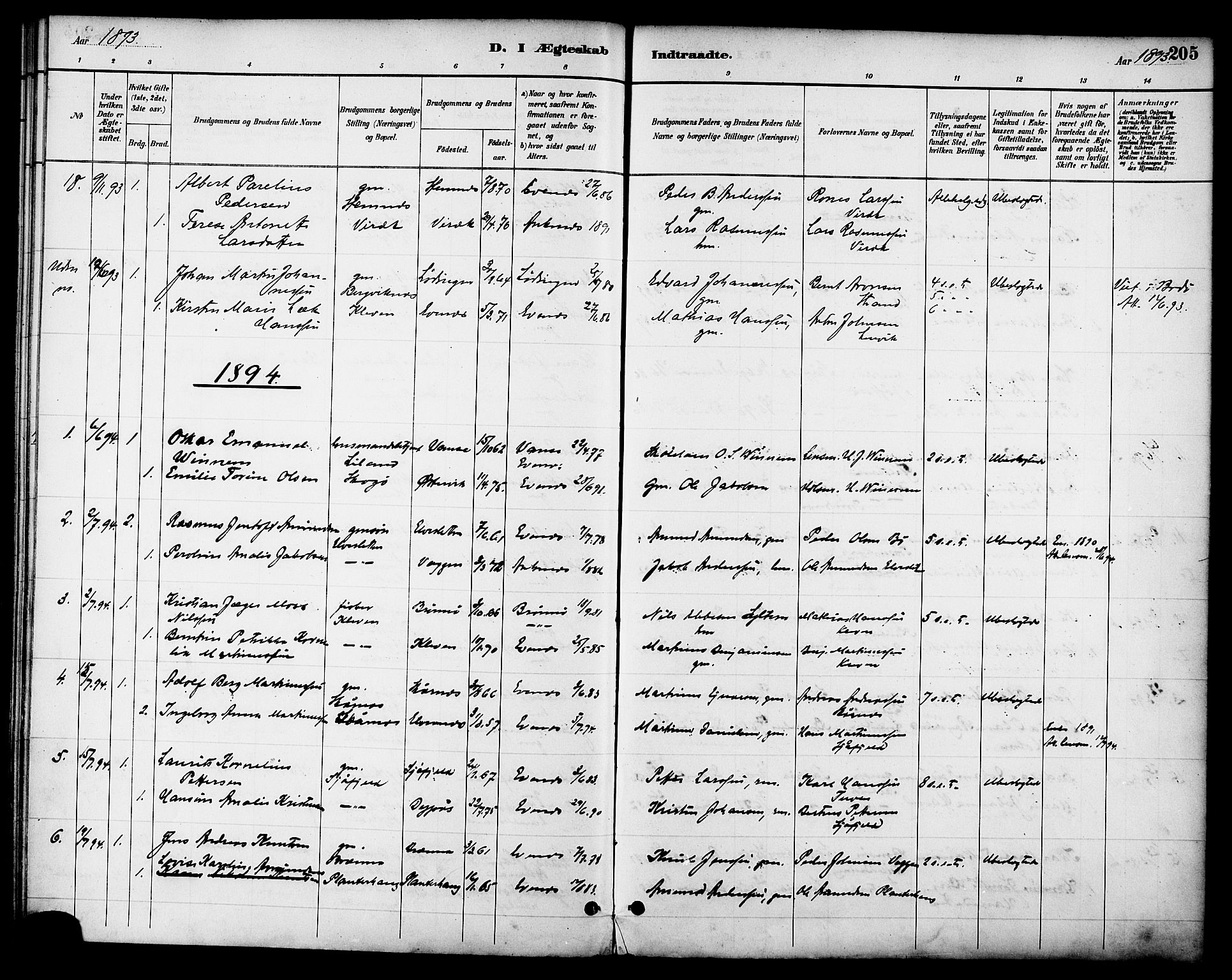 Ministerialprotokoller, klokkerbøker og fødselsregistre - Nordland, AV/SAT-A-1459/863/L0898: Parish register (official) no. 863A10, 1886-1897, p. 205