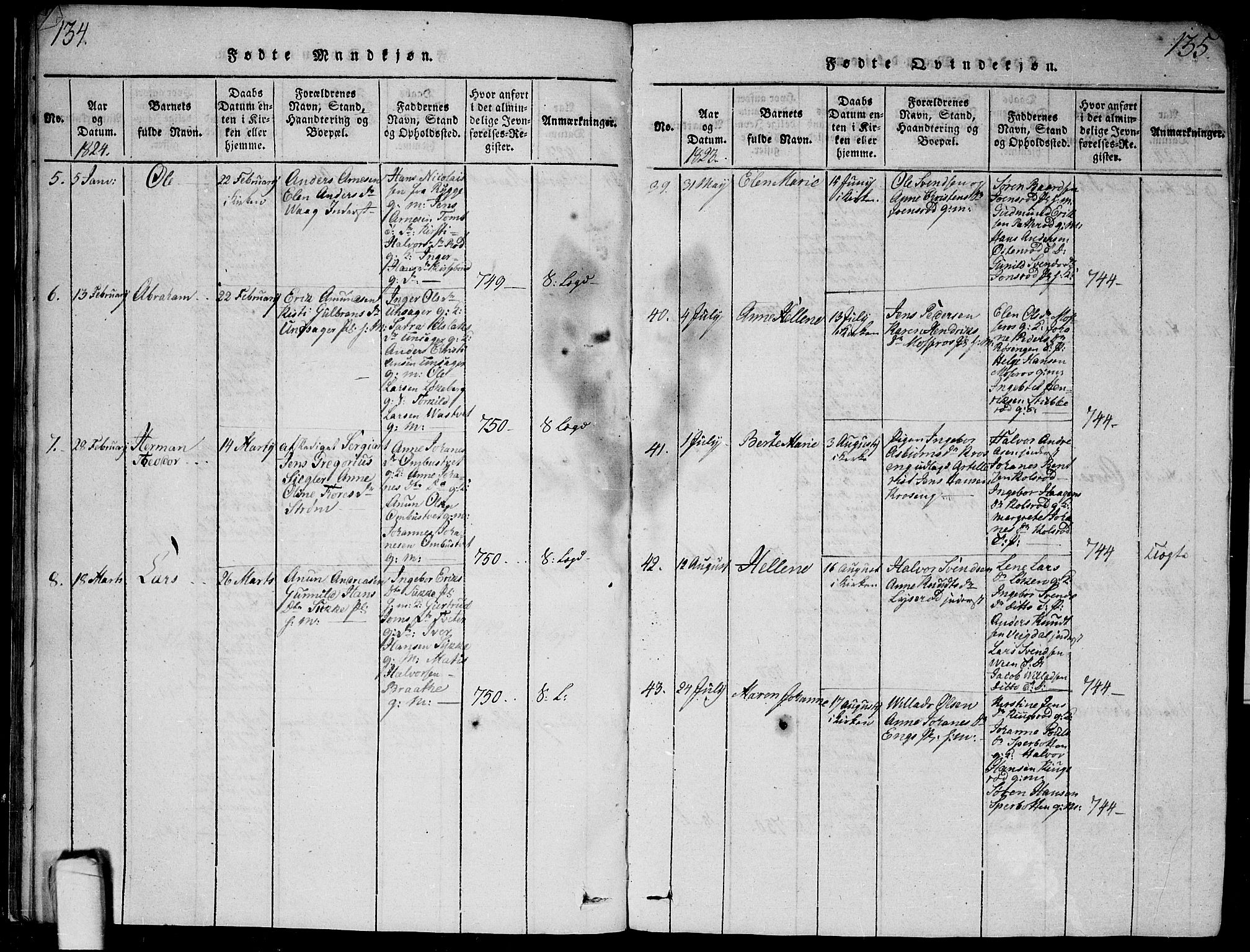 Våler prestekontor Kirkebøker, SAO/A-11083/G/Ga/L0001: Parish register (copy) no. I 1, 1815-1839, p. 134-135