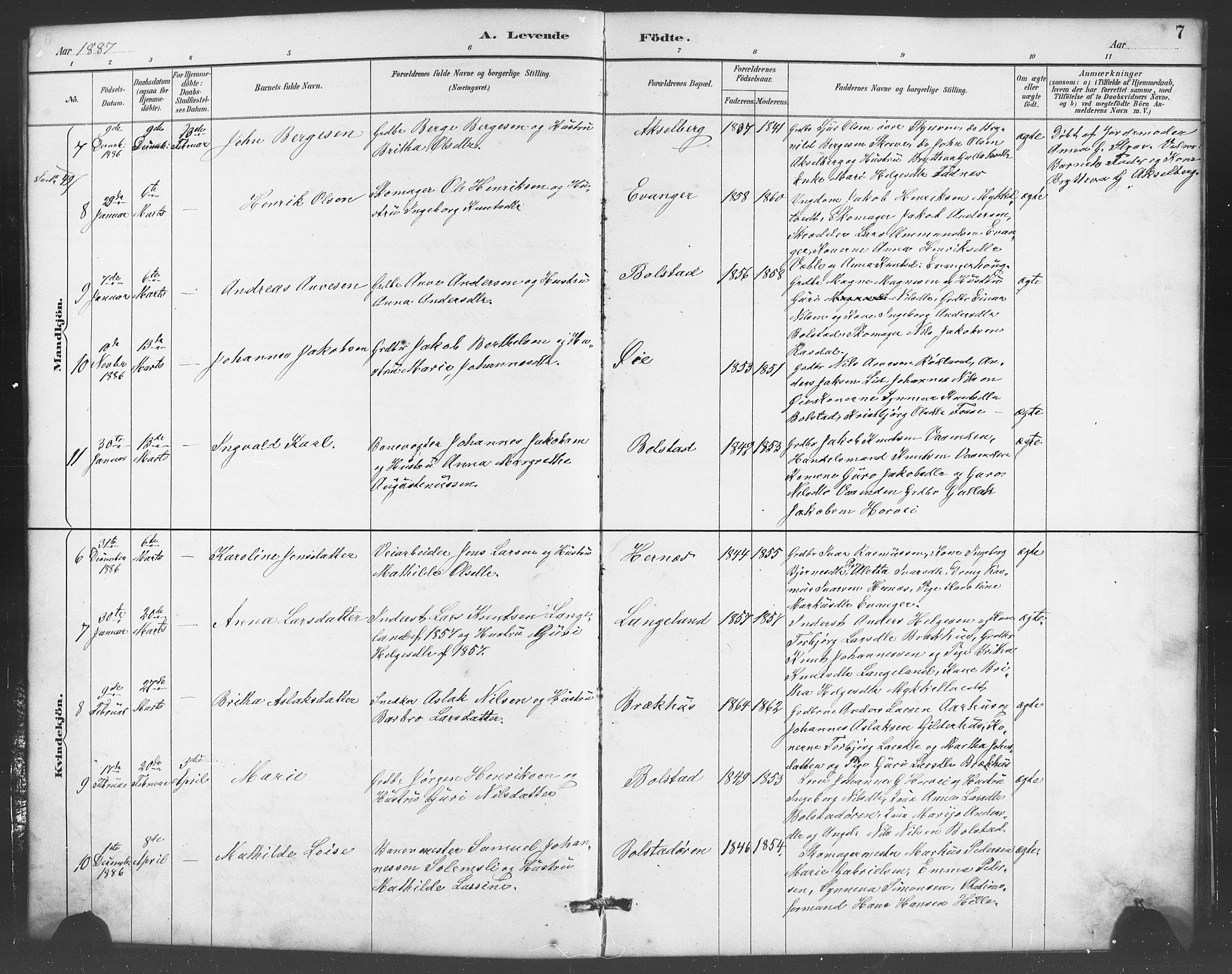 Evanger sokneprestembete, AV/SAB-A-99924: Parish register (copy) no. A 4, 1887-1897, p. 7