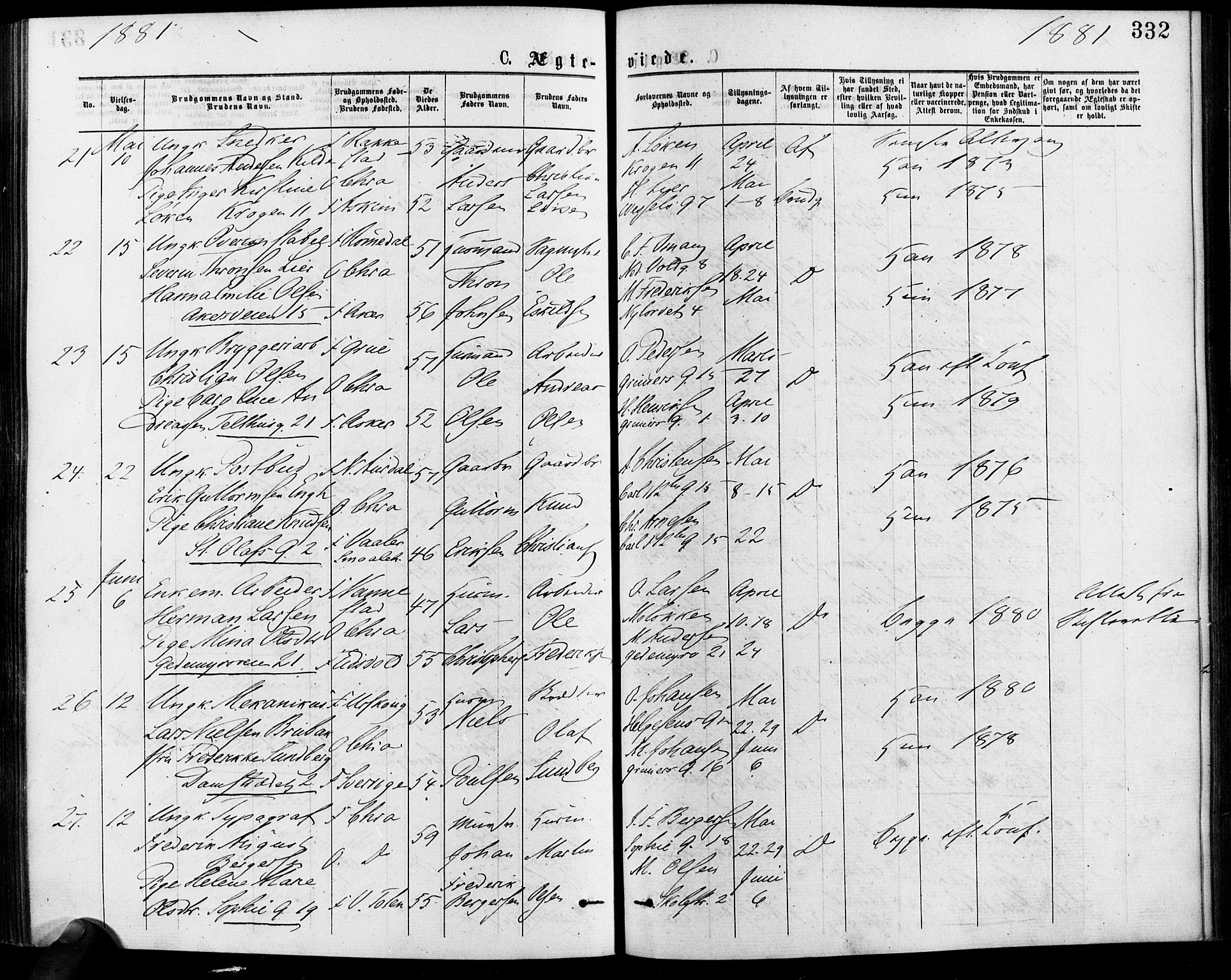 Gamle Aker prestekontor Kirkebøker, AV/SAO-A-10617a/F/L0005: Parish register (official) no. 5, 1873-1881, p. 332