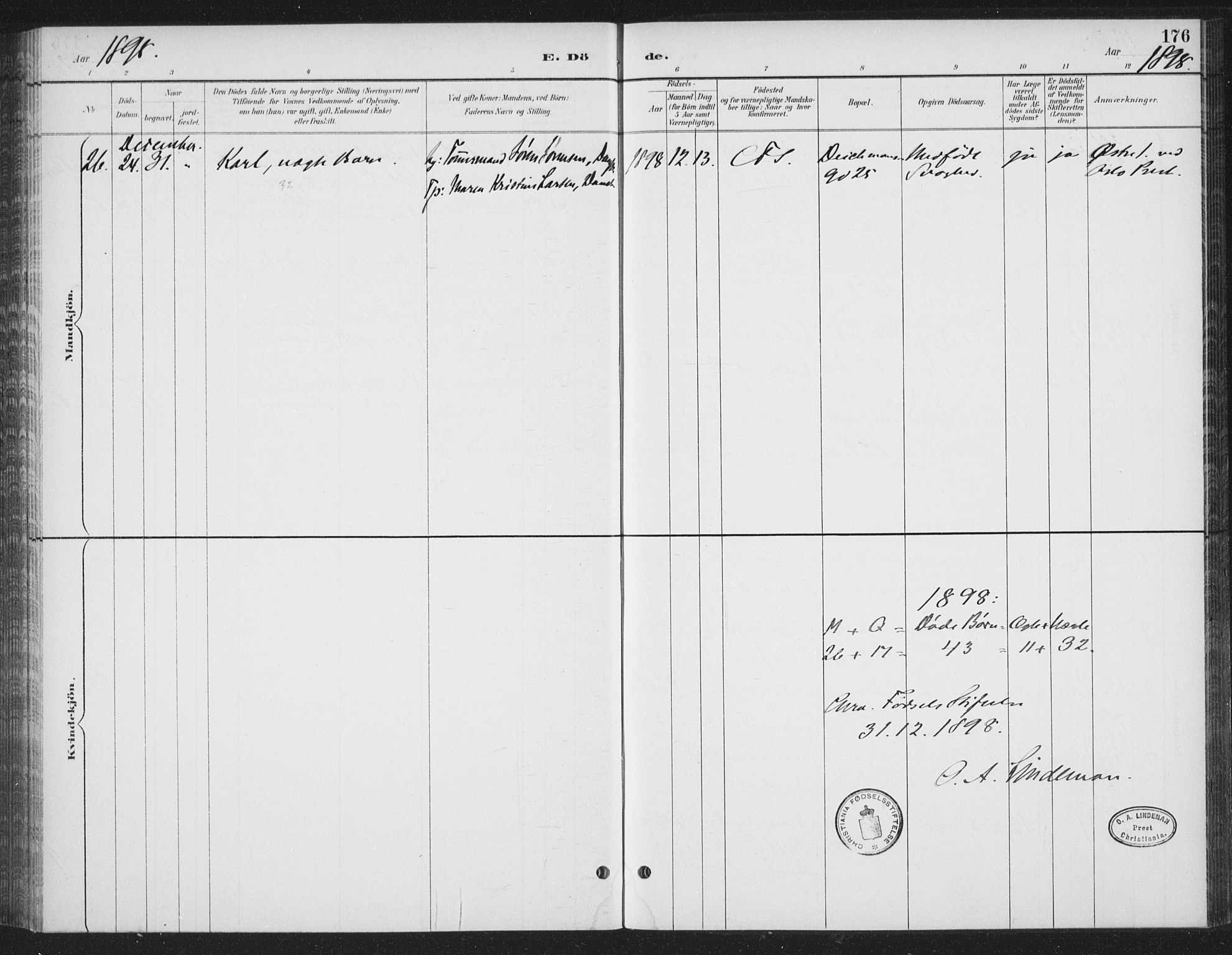 Rikshospitalet prestekontor Kirkebøker, AV/SAO-A-10309b/F/L0010: Parish register (official) no. 10, 1888-1912, p. 176