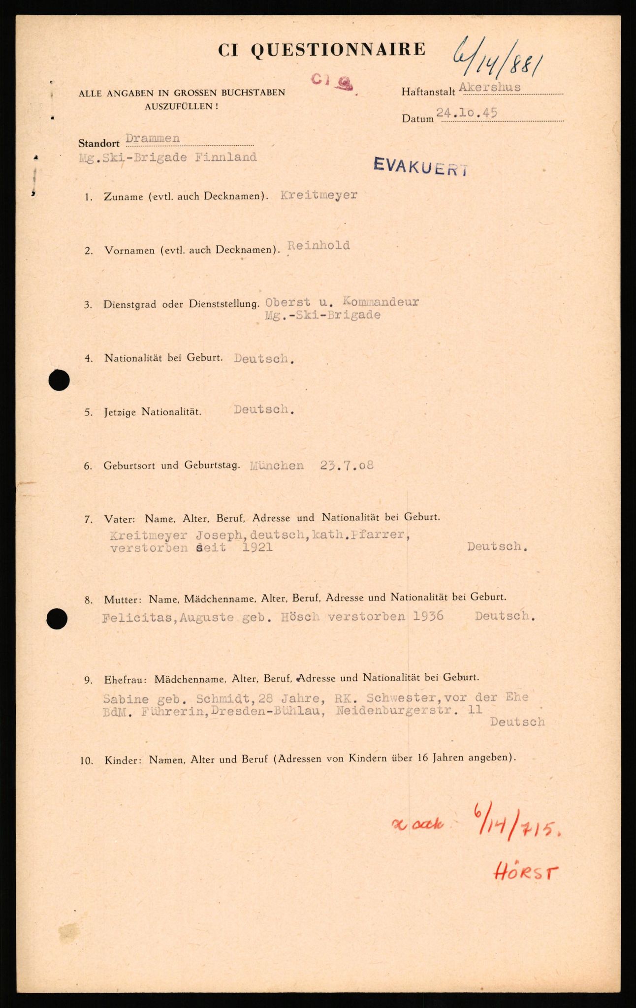 Forsvaret, Forsvarets overkommando II, AV/RA-RAFA-3915/D/Db/L0018: CI Questionaires. Tyske okkupasjonsstyrker i Norge. Tyskere., 1945-1946, p. 127