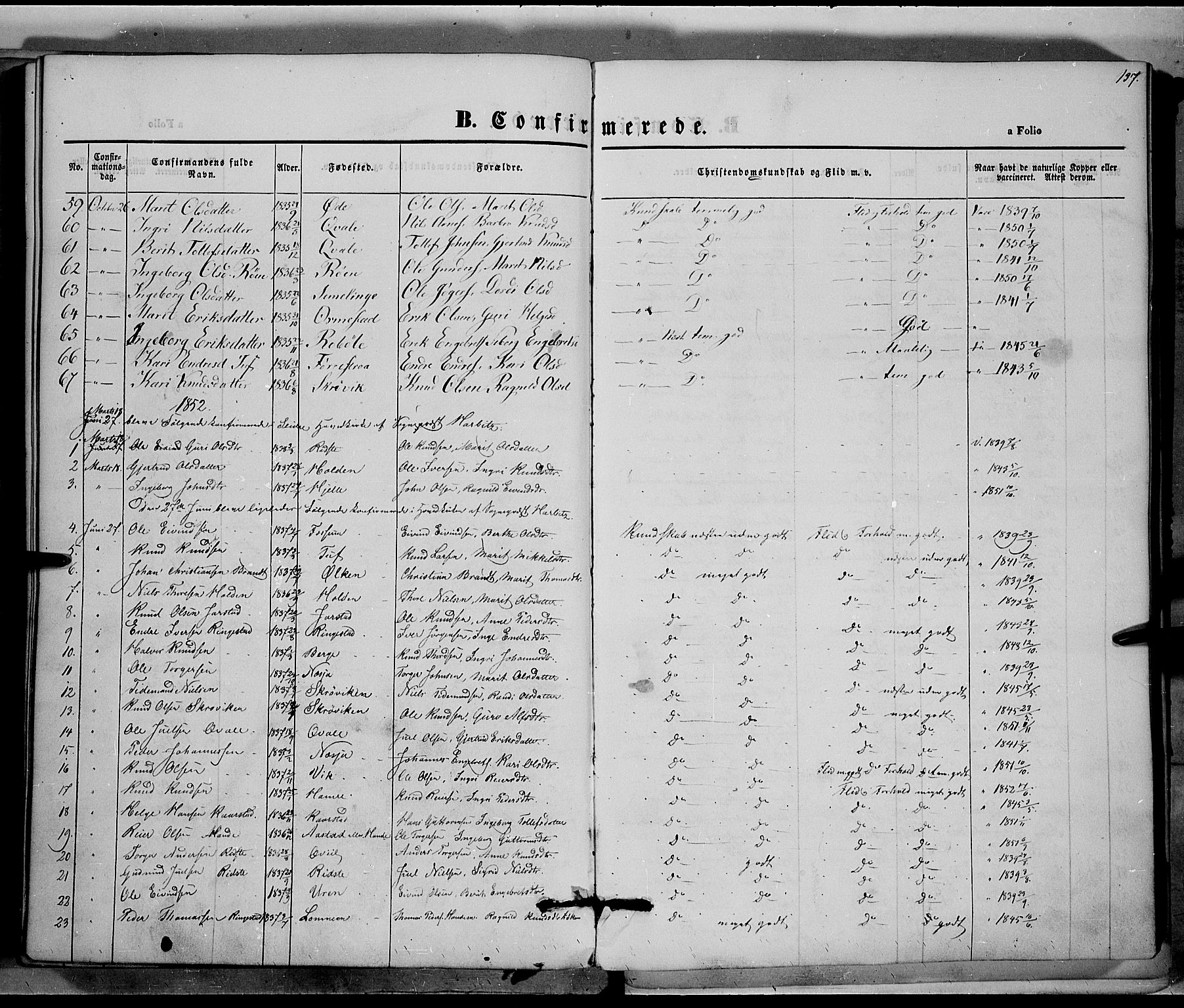 Vestre Slidre prestekontor, AV/SAH-PREST-136/H/Ha/Haa/L0001: Parish register (official) no. 1, 1844-1855, p. 137