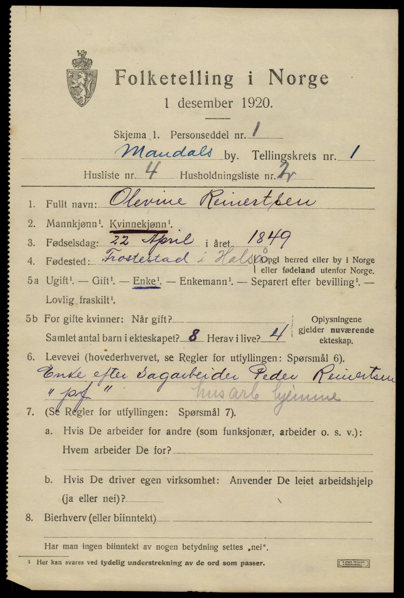 SAK, 1920 census for Mandal, 1920, p. 3287