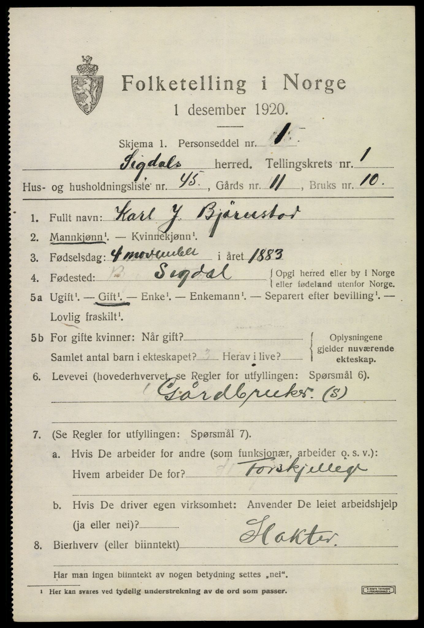 SAKO, 1920 census for Sigdal, 1920, p. 1952