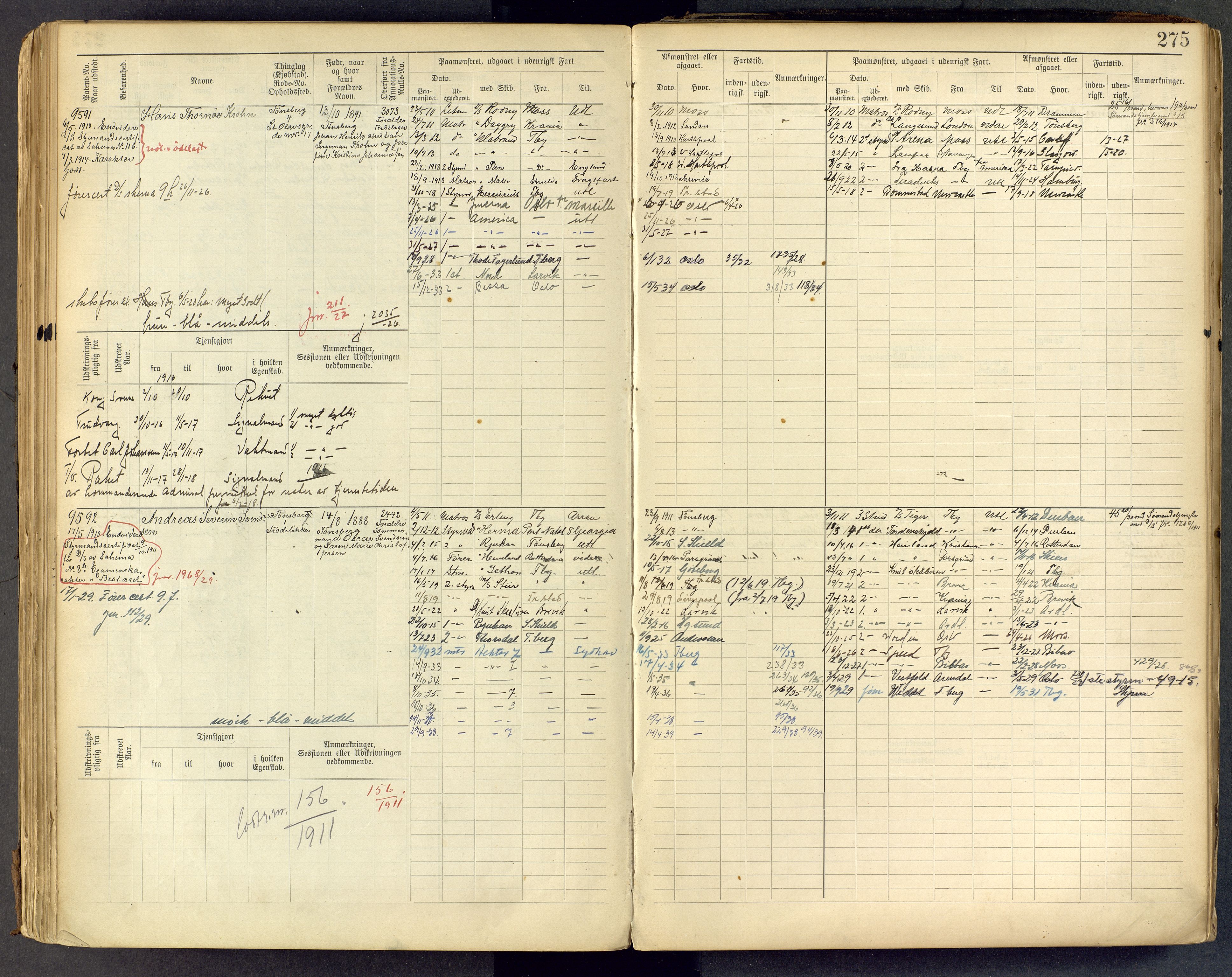 Tønsberg innrulleringskontor, AV/SAKO-A-786/F/Fc/Fcb/L0009: Hovedrulle Patent nr. 9043-9992, 1900-1921, p. 275