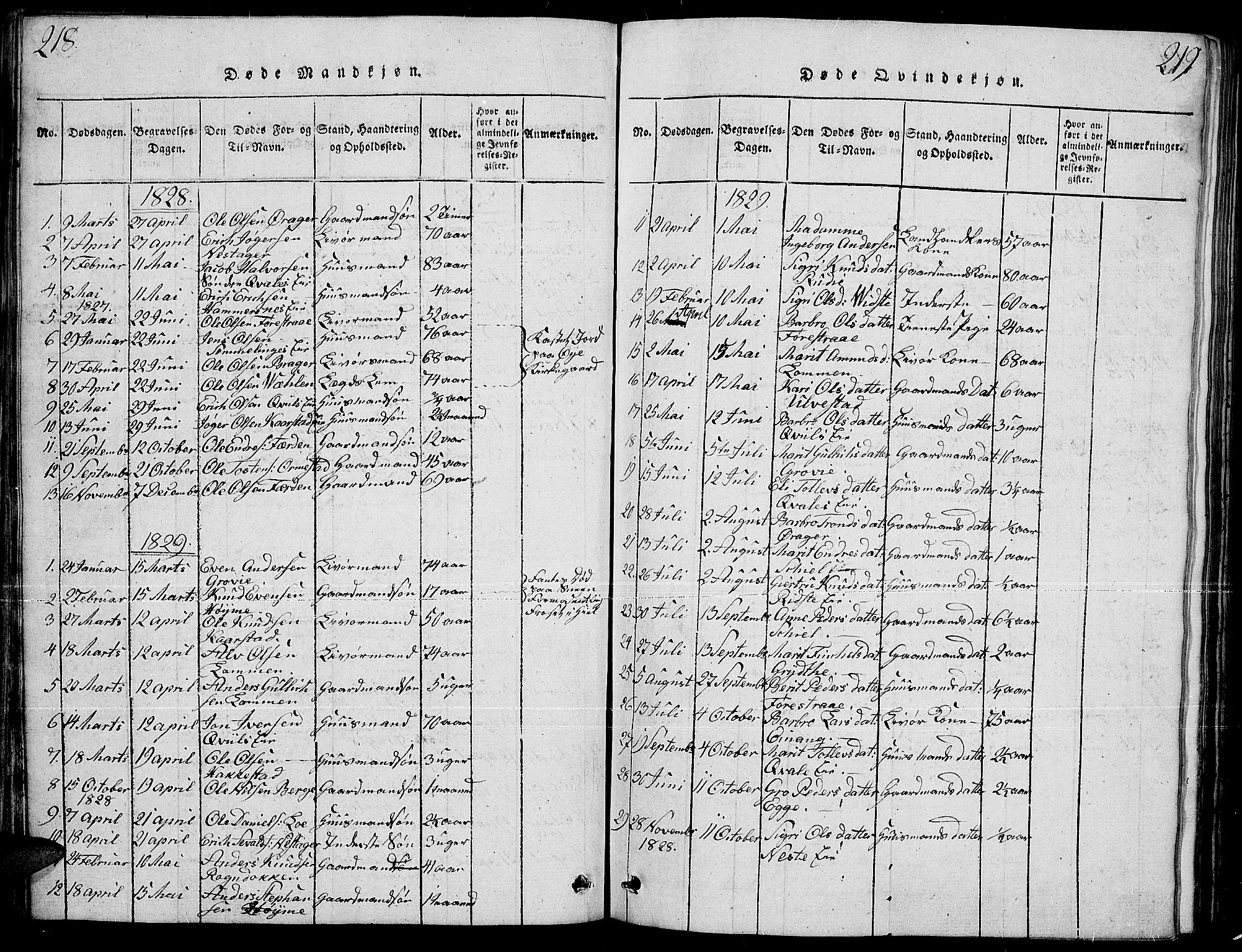 Slidre prestekontor, SAH/PREST-134/H/Ha/Hab/L0001: Parish register (copy) no. 1, 1814-1838, p. 218-219