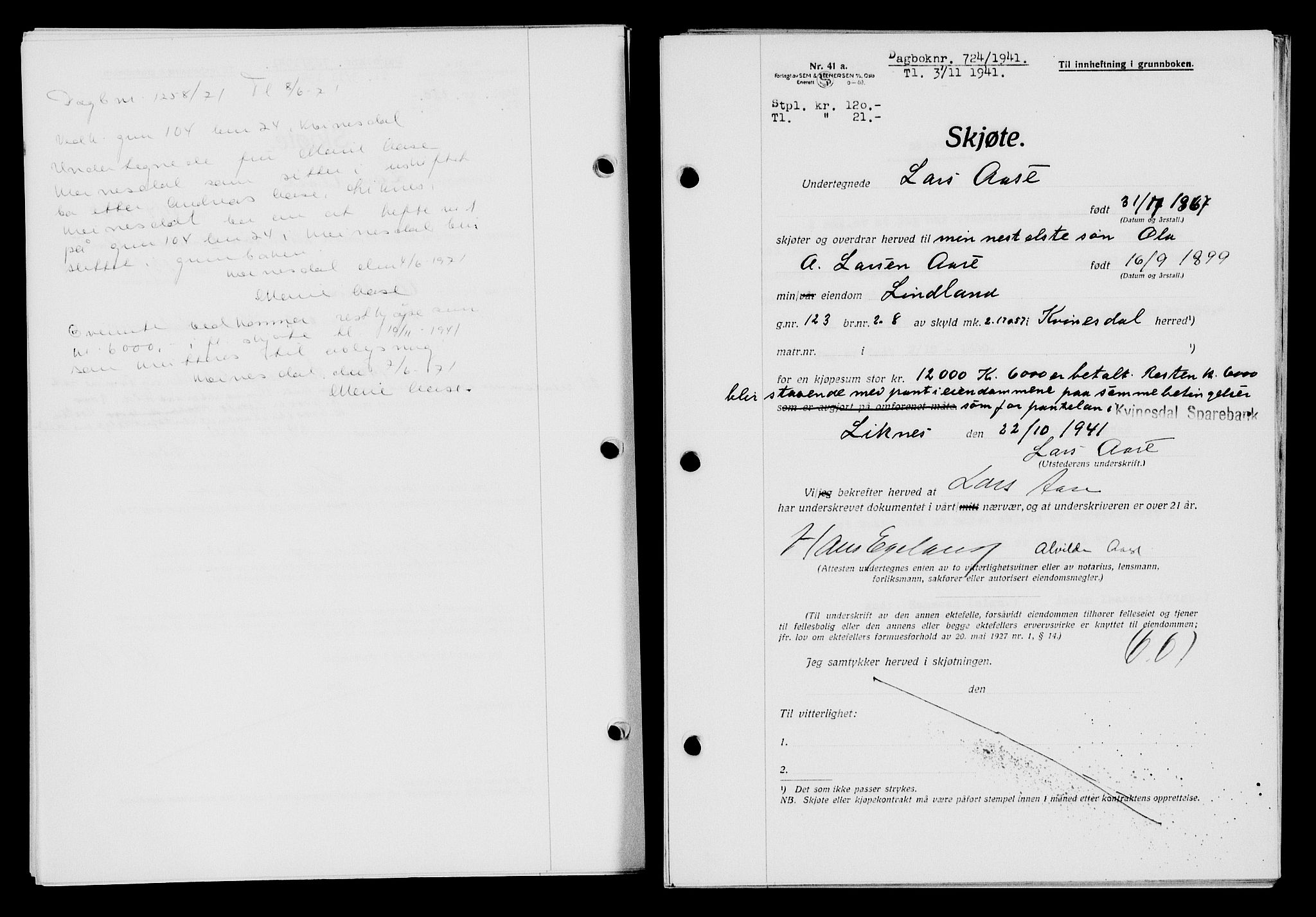 Flekkefjord sorenskriveri, SAK/1221-0001/G/Gb/Gba/L0057: Mortgage book no. A-5, 1941-1942, Diary no: : 724/1941