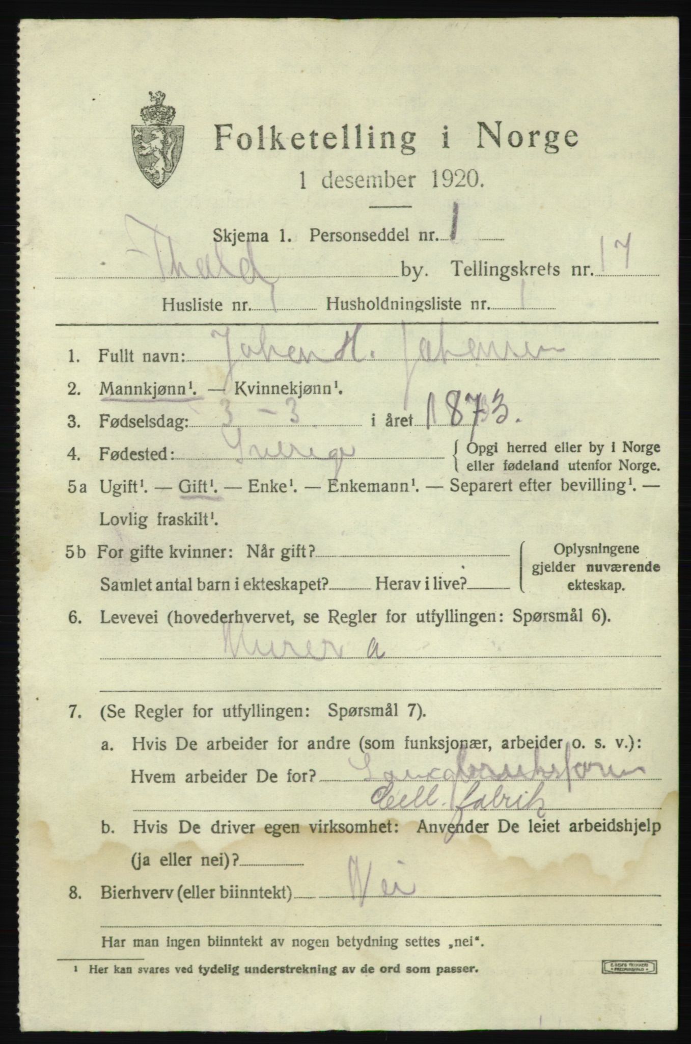 SAO, 1920 census for Fredrikshald, 1920, p. 25764