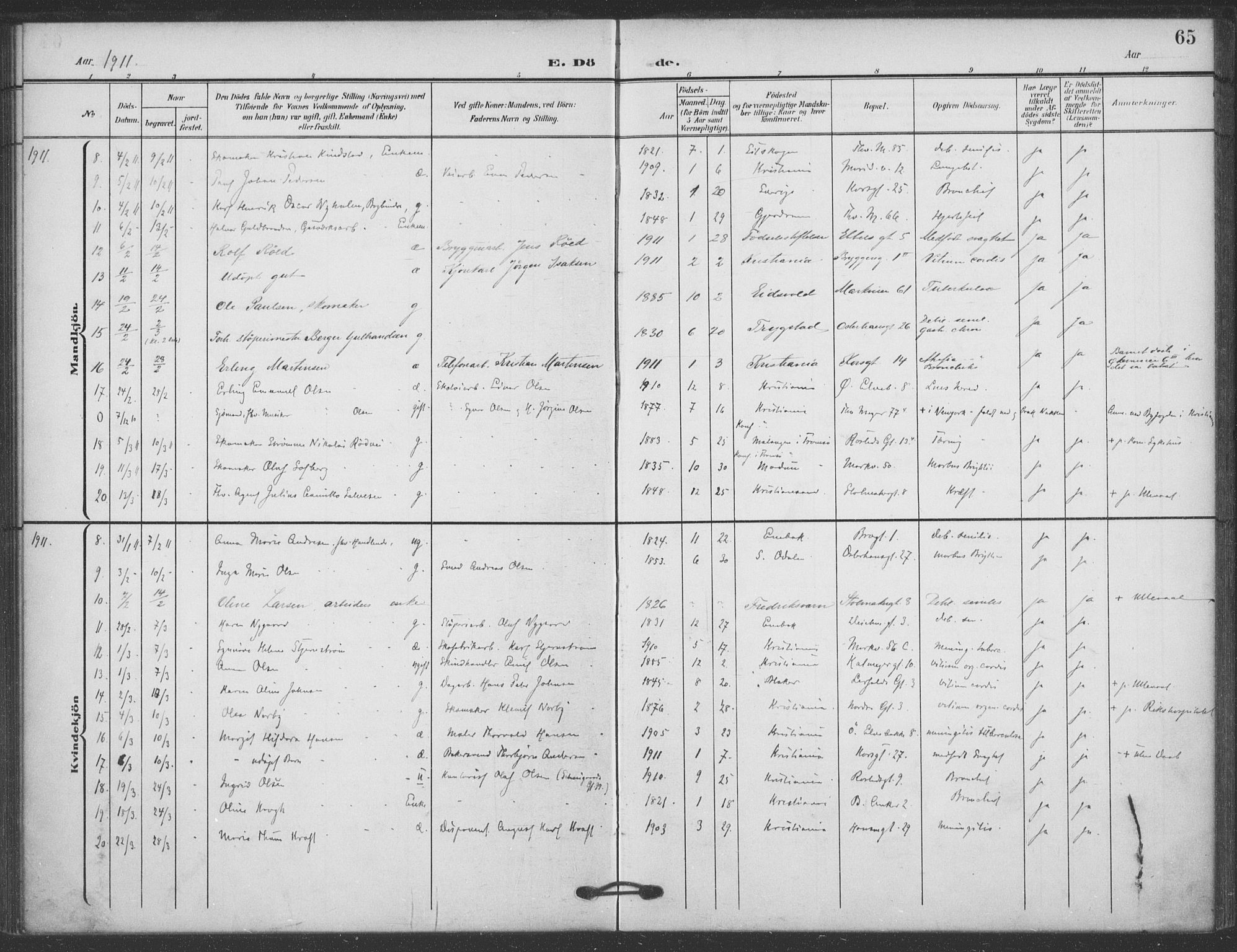 Jakob prestekontor Kirkebøker, SAO/A-10850/F/Fa/L0011: Parish register (official) no. 11, 1906-1920, p. 65