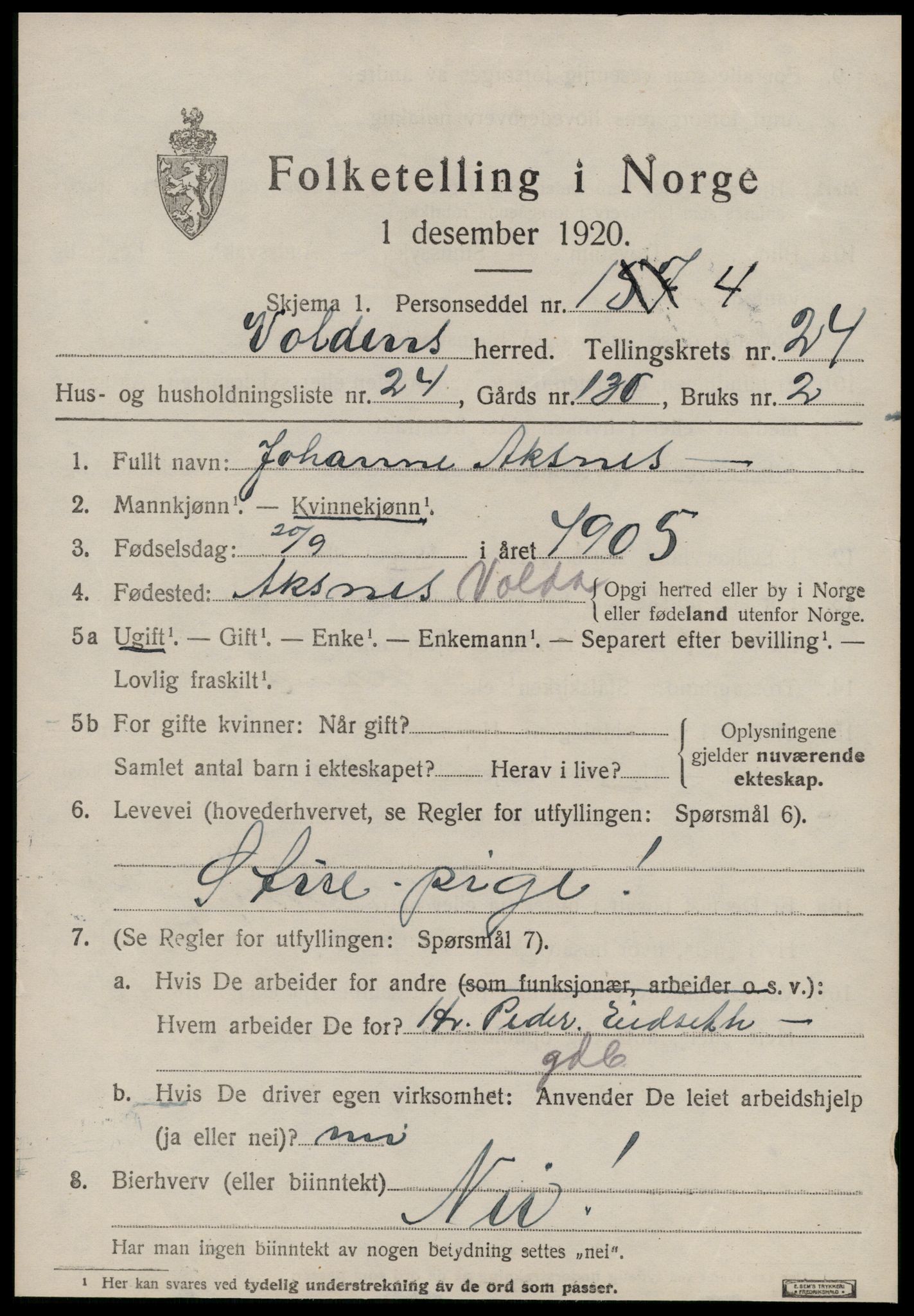 SAT, 1920 census for Volda, 1920, p. 12072