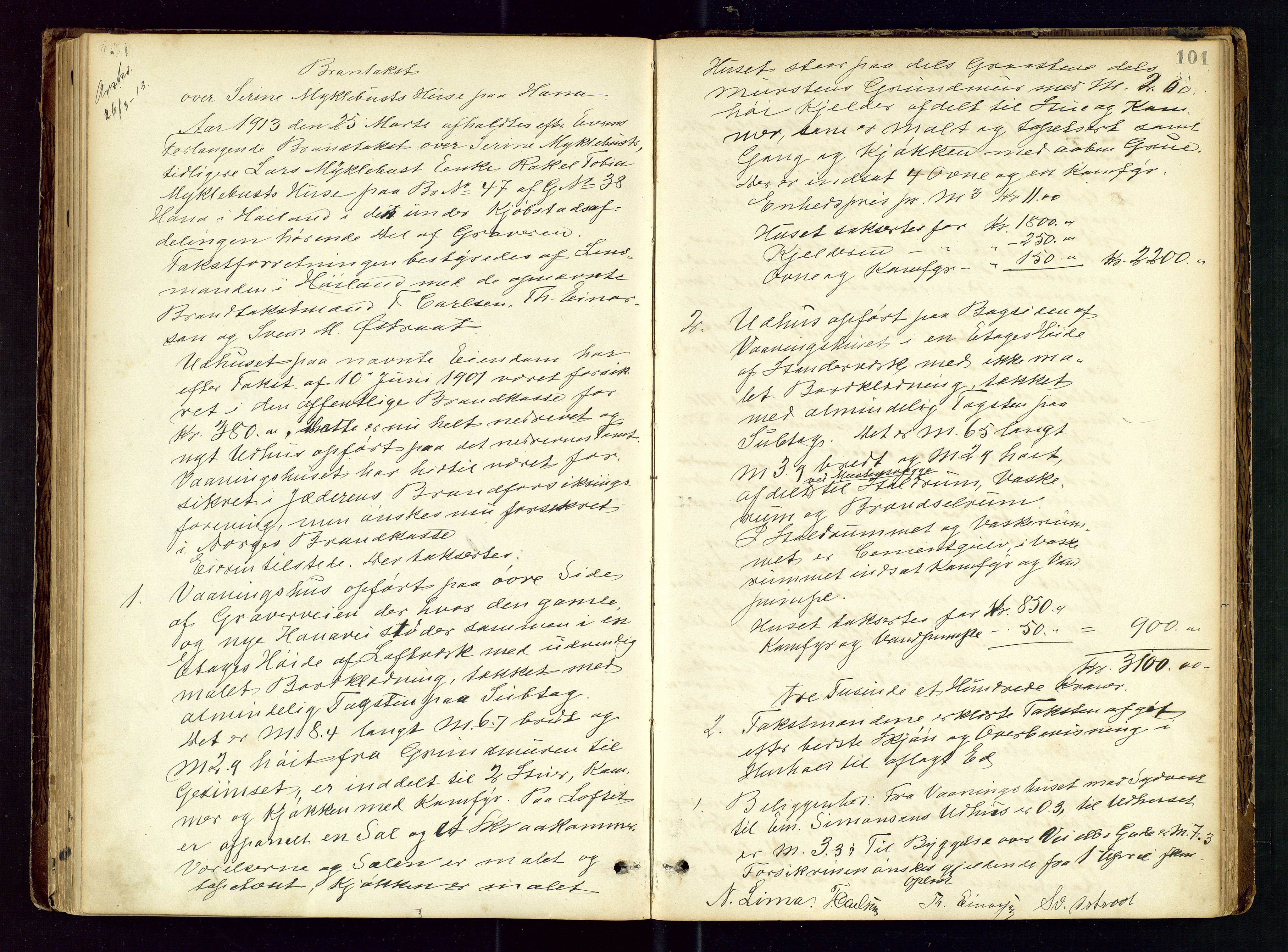 Høyland/Sandnes lensmannskontor, AV/SAST-A-100166/Goa/L0002: "Brandtaxtprotokol for Landafdelingen i Høiland", 1880-1917, p. 100b-101a