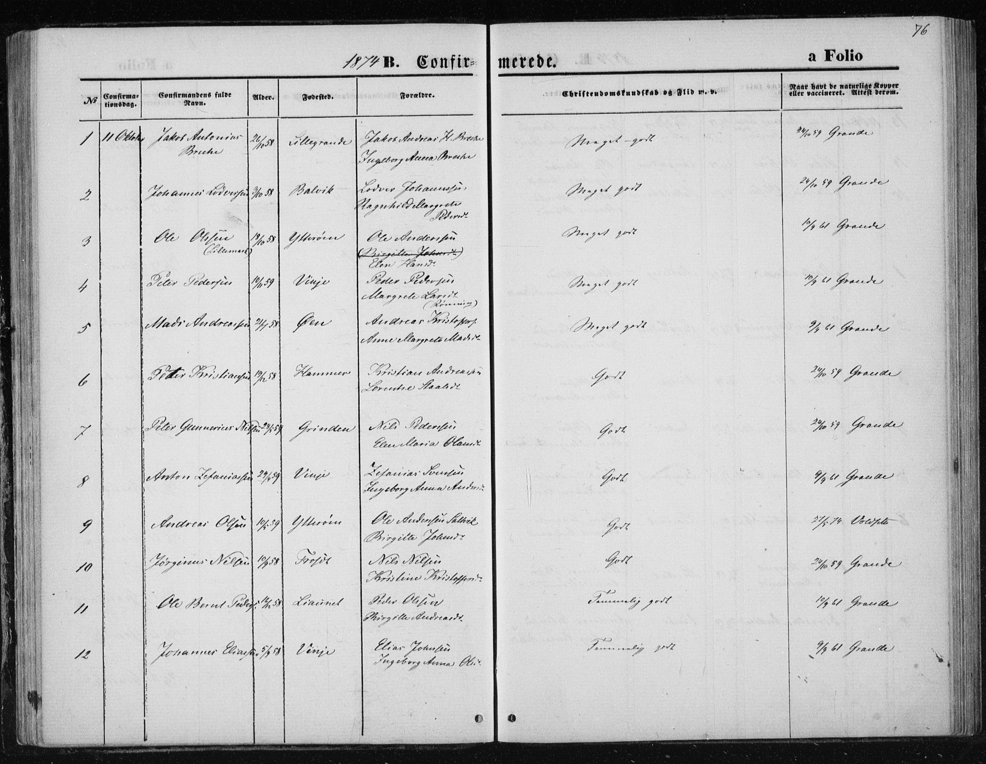 Ministerialprotokoller, klokkerbøker og fødselsregistre - Nord-Trøndelag, AV/SAT-A-1458/733/L0324: Parish register (official) no. 733A03, 1870-1883, p. 76