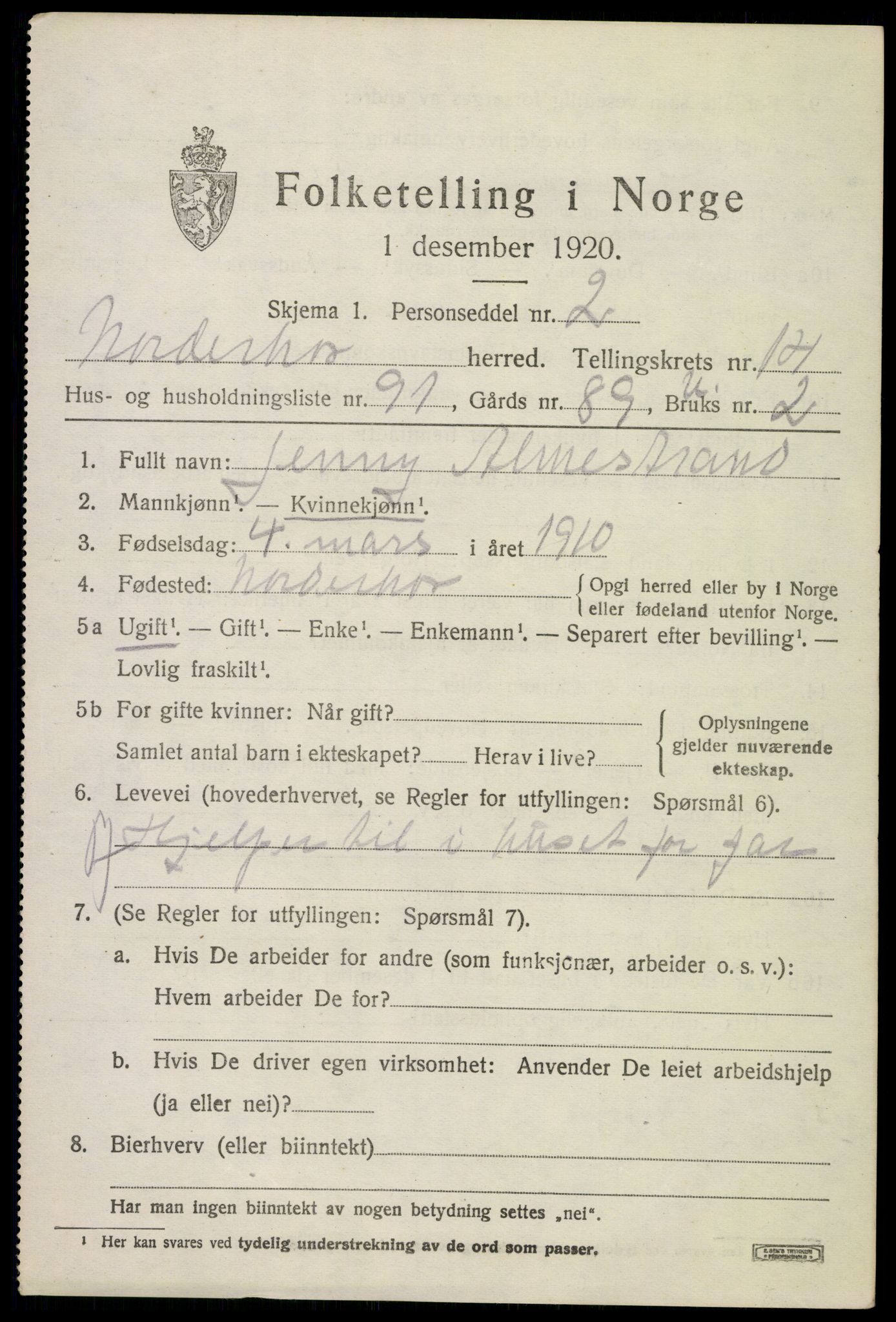 SAKO, 1920 census for Norderhov, 1920, p. 16180