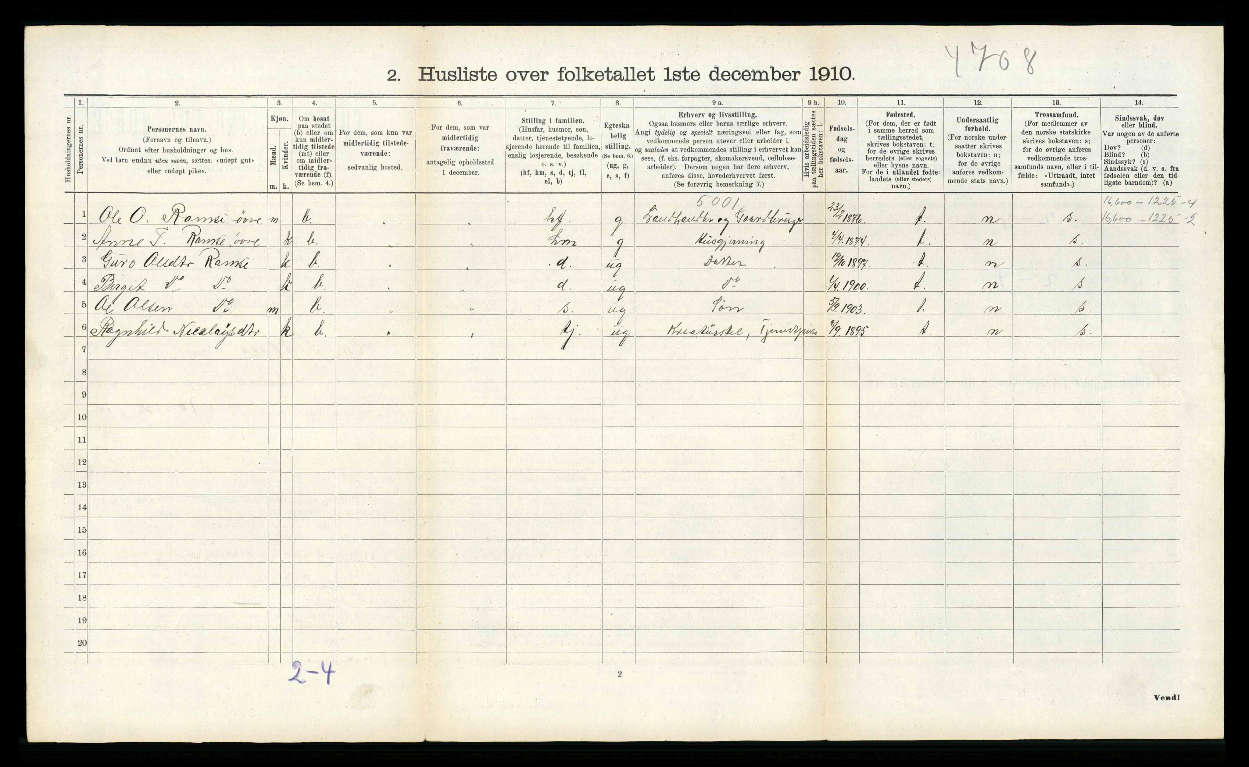 RA, 1910 census for Tovdal, 1910, p. 61