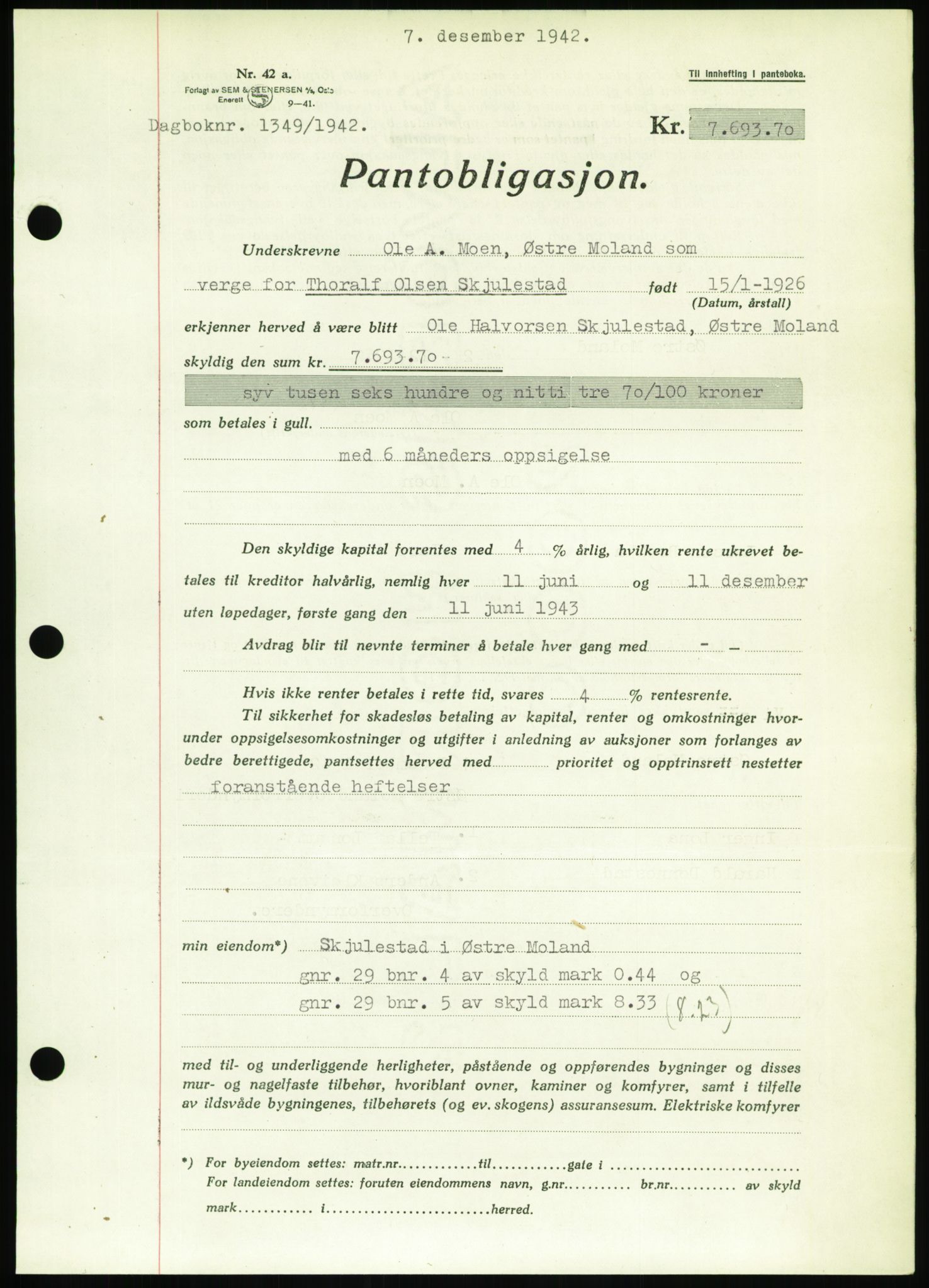 Nedenes sorenskriveri, AV/SAK-1221-0006/G/Gb/Gbb/L0002: Mortgage book no. II, 1942-1945, Diary no: : 1349/1942