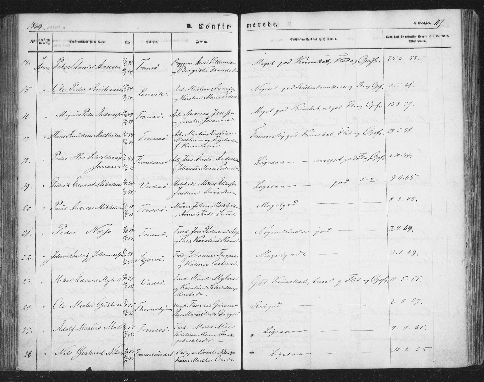 Tromsø sokneprestkontor/stiftsprosti/domprosti, AV/SATØ-S-1343/G/Ga/L0012kirke: Parish register (official) no. 12, 1865-1871, p. 117