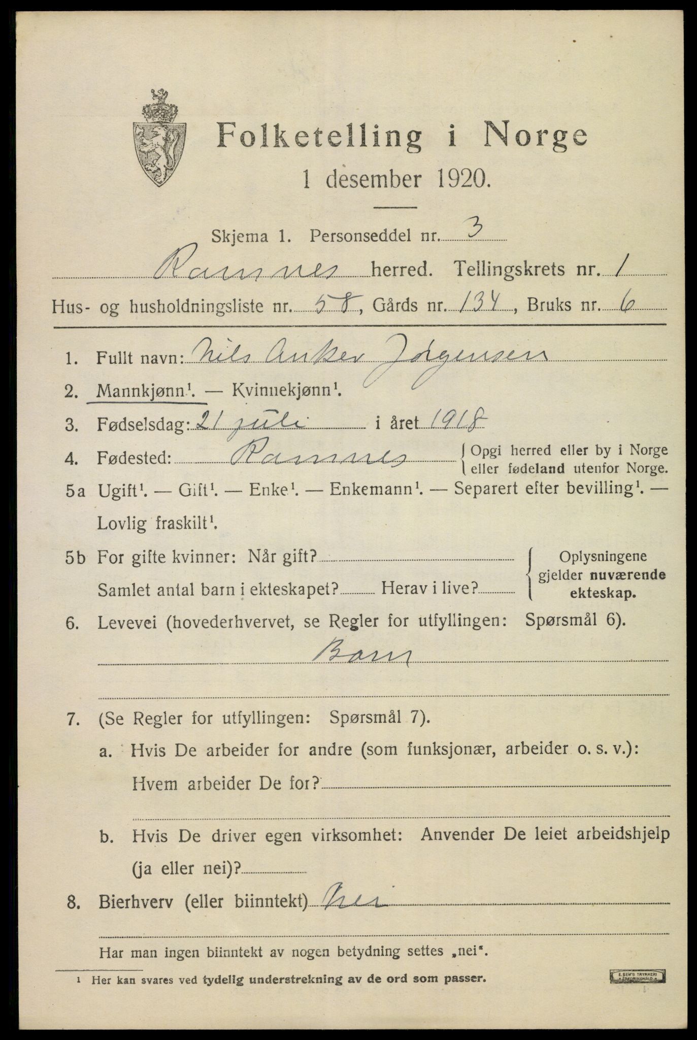 SAKO, 1920 census for Ramnes, 1920, p. 1860