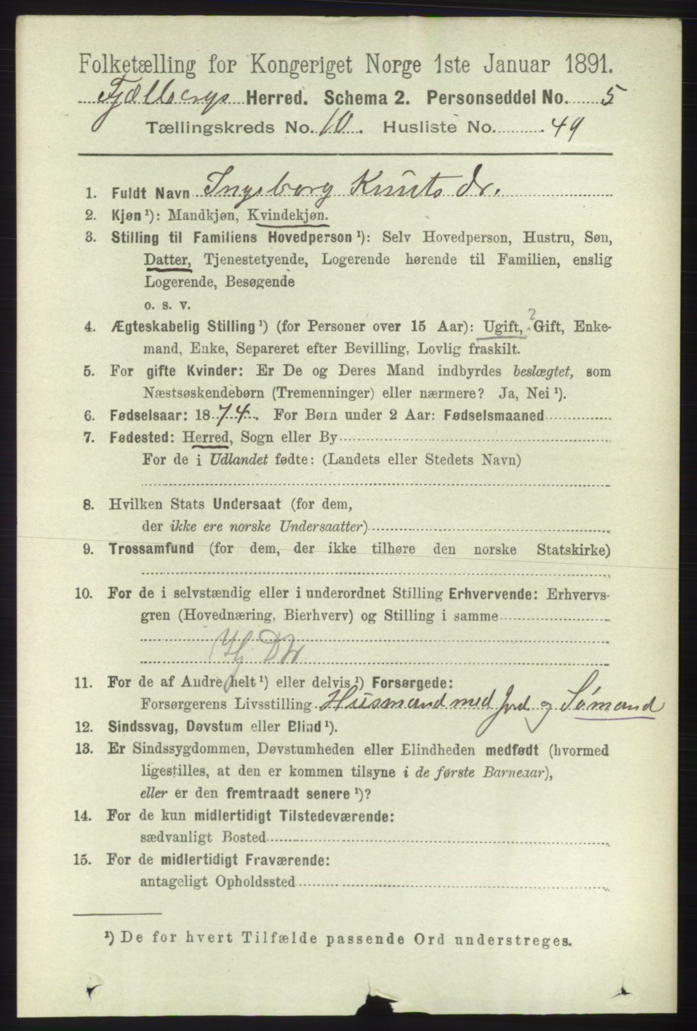 RA, 1891 census for 1213 Fjelberg, 1891, p. 4050