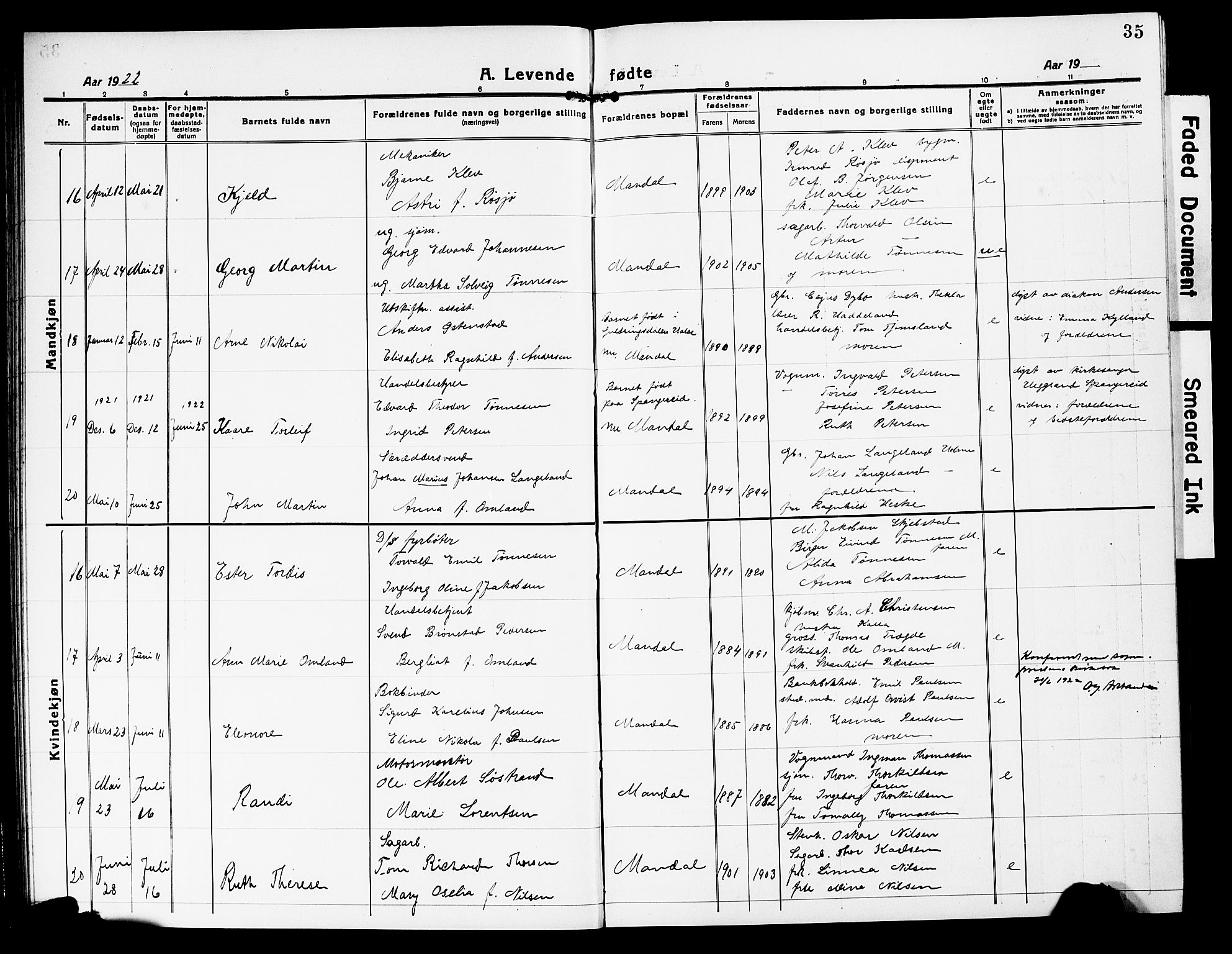 Mandal sokneprestkontor, SAK/1111-0030/F/Fb/Fbc/L0001: Parish register (copy) no. B 1, 1918-1931, p. 35