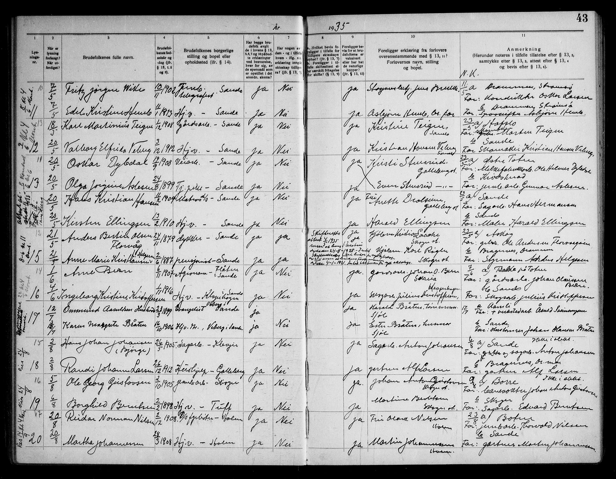 Sande Kirkebøker, AV/SAKO-A-53/H/Ha/L0001: Banns register no. 1, 1919-1953, p. 43