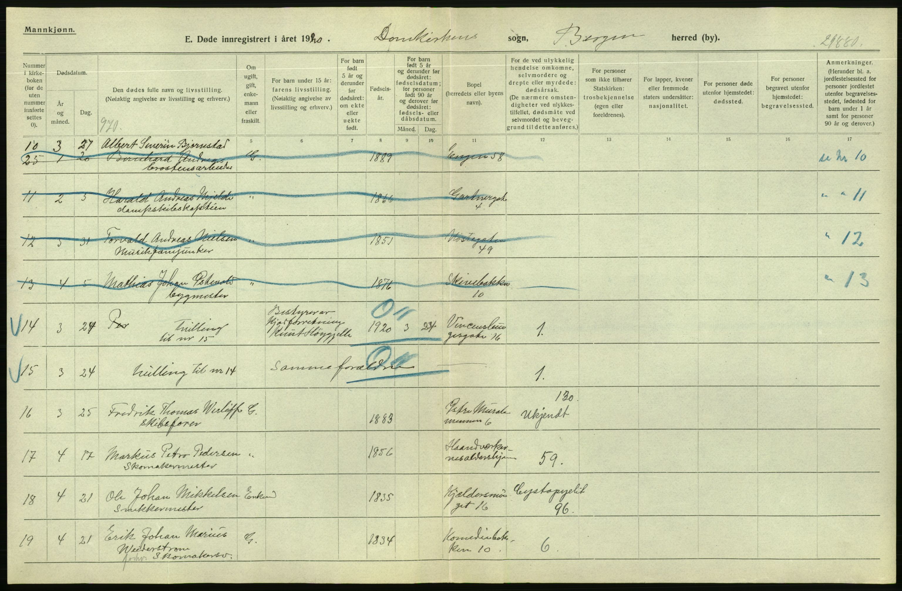 Statistisk sentralbyrå, Sosiodemografiske emner, Befolkning, AV/RA-S-2228/D/Df/Dfb/Dfbj/L0042: Bergen: Gifte, døde, dødfødte., 1920, p. 658