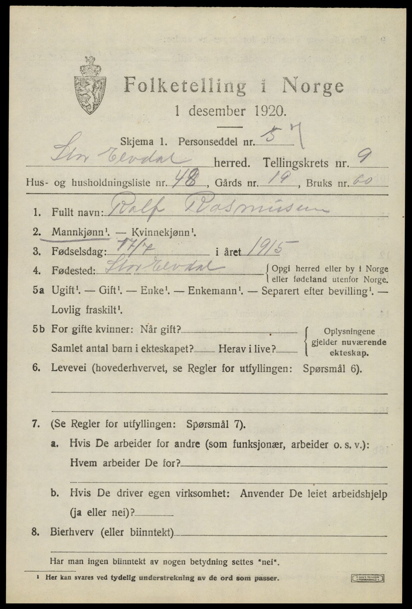 SAH, 1920 census for Stor-Elvdal, 1920, p. 9052