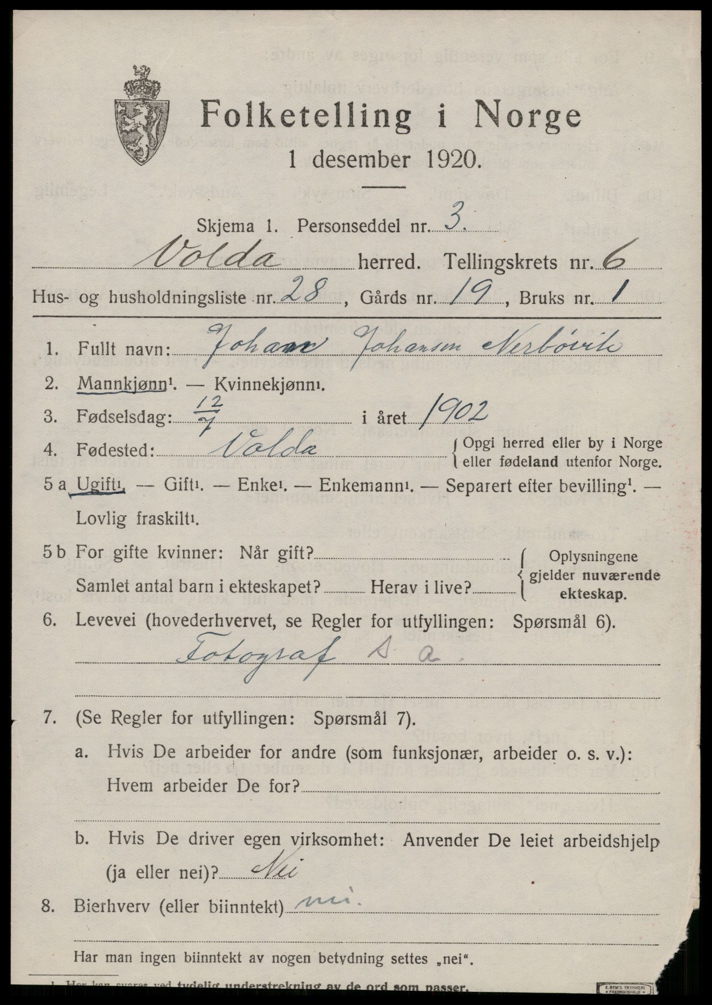 SAT, 1920 census for Volda, 1920, p. 5480