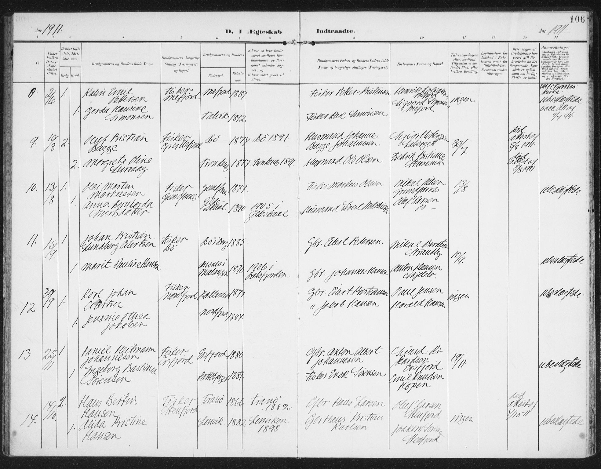 Berg sokneprestkontor, AV/SATØ-S-1318/G/Ga/Gaa/L0007kirke: Parish register (official) no. 7, 1906-1915, p. 106